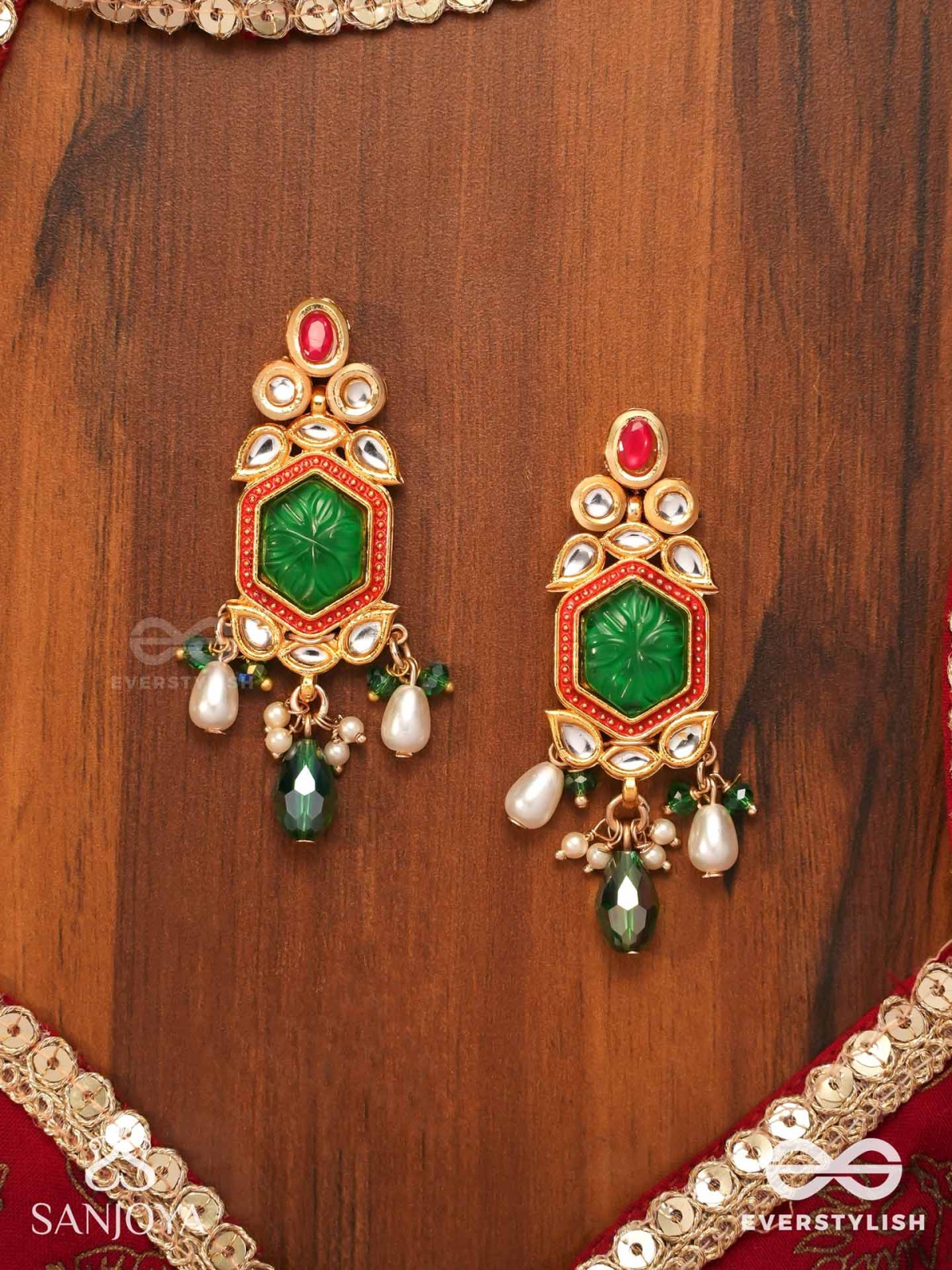 HARARASA - ESSENCE OF GREEN- KUNDAN EARRINGS WITH PEARLS, BEADS AND GEMSTONE