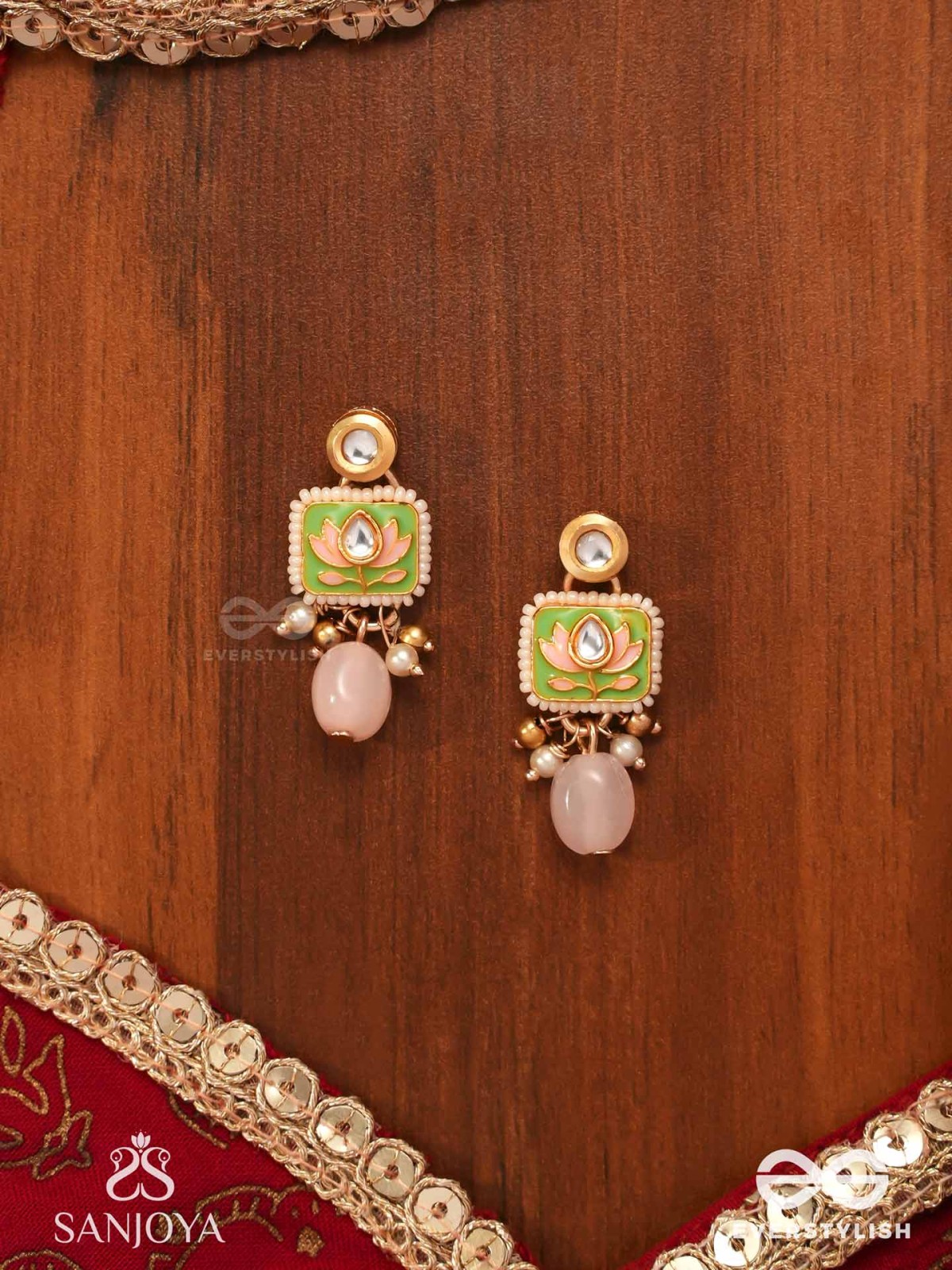 MRIDULPADMA - GENTLE LOTUS- DELICATE KUNDAN EARRINGS WITH FLORAL MOTIFS, BEADS AND PEARLS