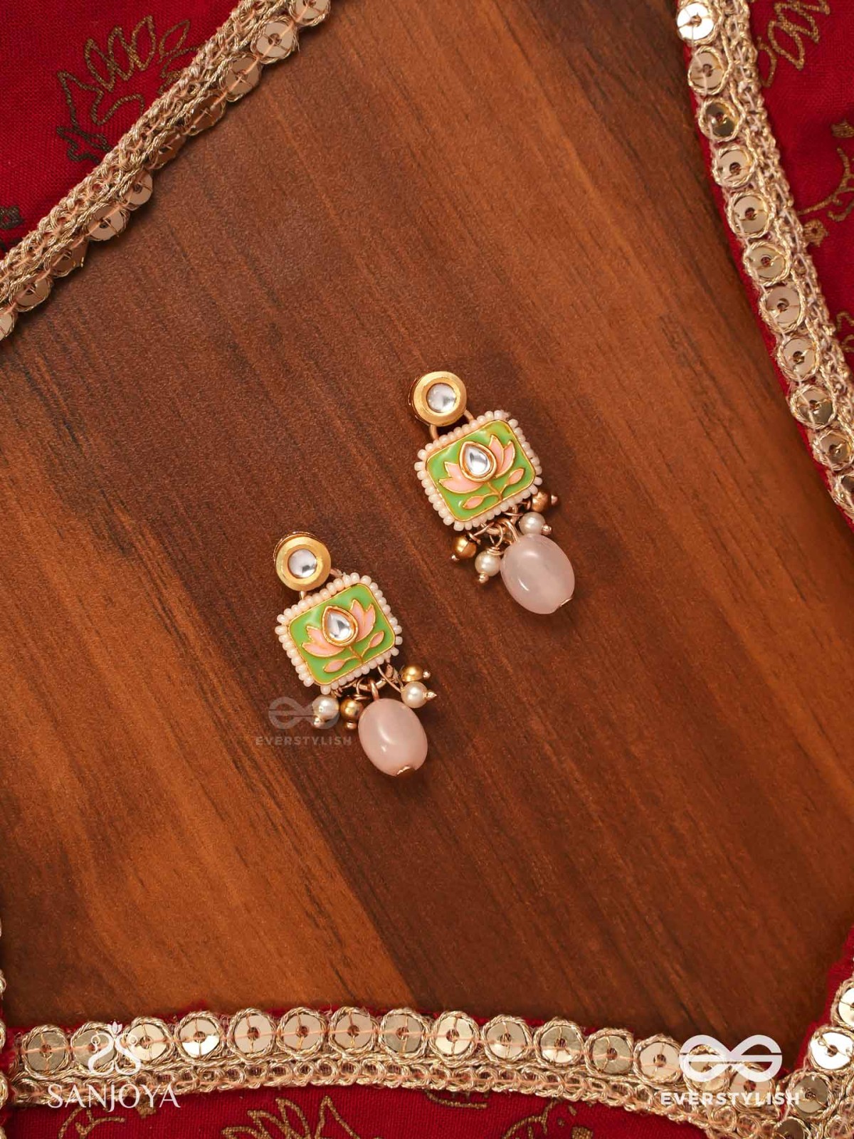 MRIDULPADMA - GENTLE LOTUS- DELICATE KUNDAN EARRINGS WITH FLORAL MOTIFS, BEADS AND PEARLS