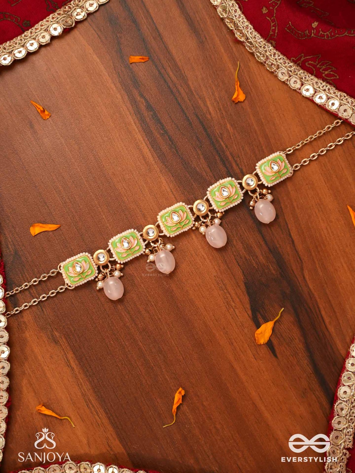 MRIDULPADMA - GENTLE LOTUS- DELICATE KUNDAN NECKPIECE WITH FLORAL MOTIFS, BEADS AND PEARLS