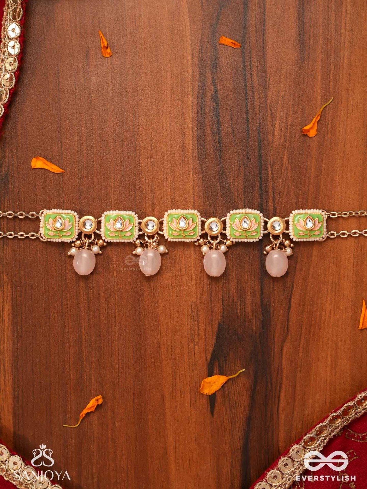 MRIDULPADMA - GENTLE LOTUS- DELICATE KUNDAN NECKPIECE WITH FLORAL MOTIFS, BEADS AND PEARLS