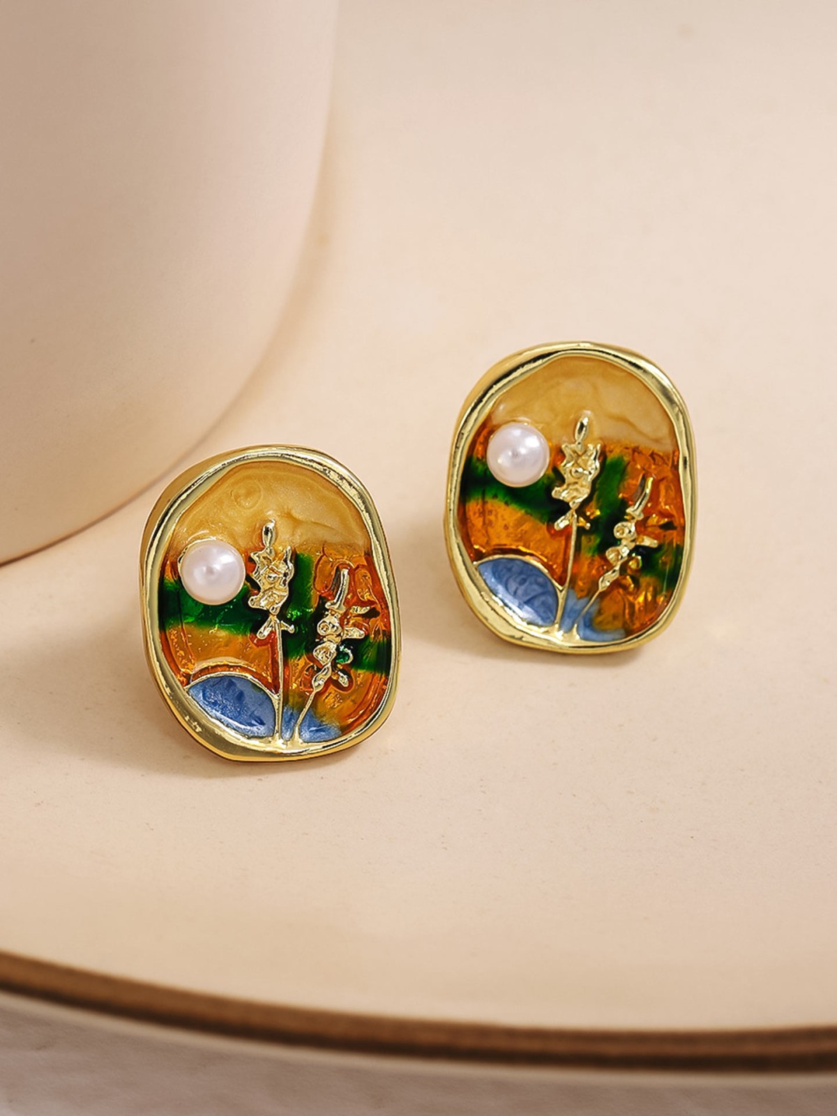 SUNLIT BLOOM-  ENAMEL EARRINGS WITH FLORAL MOTIF AND PEARLS