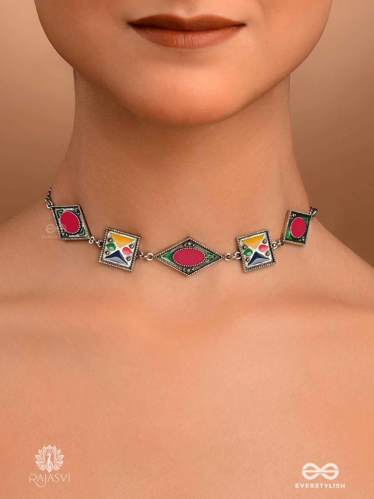 TILED TALES - MULTICOLOR ENAMELLED OXIDISED CHOKER