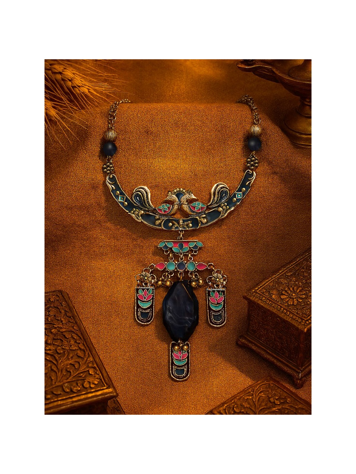 MOON DUSK - ENAMELLED OXIDISED NECKLACE WITH ENGRAVED CHARMS