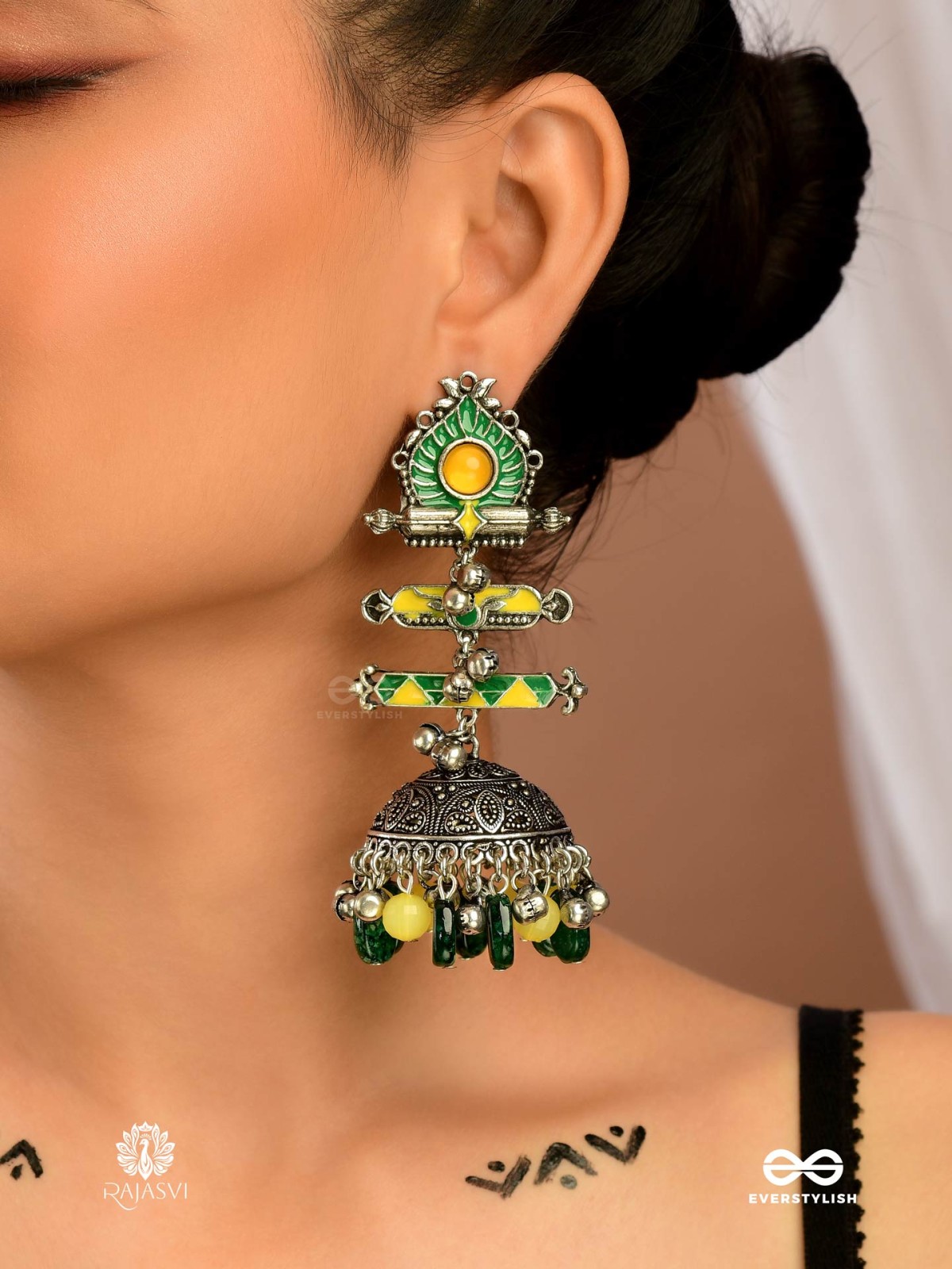 FOLK BLOOM - OXIDISED ENAMEL JHUMKA EARRING