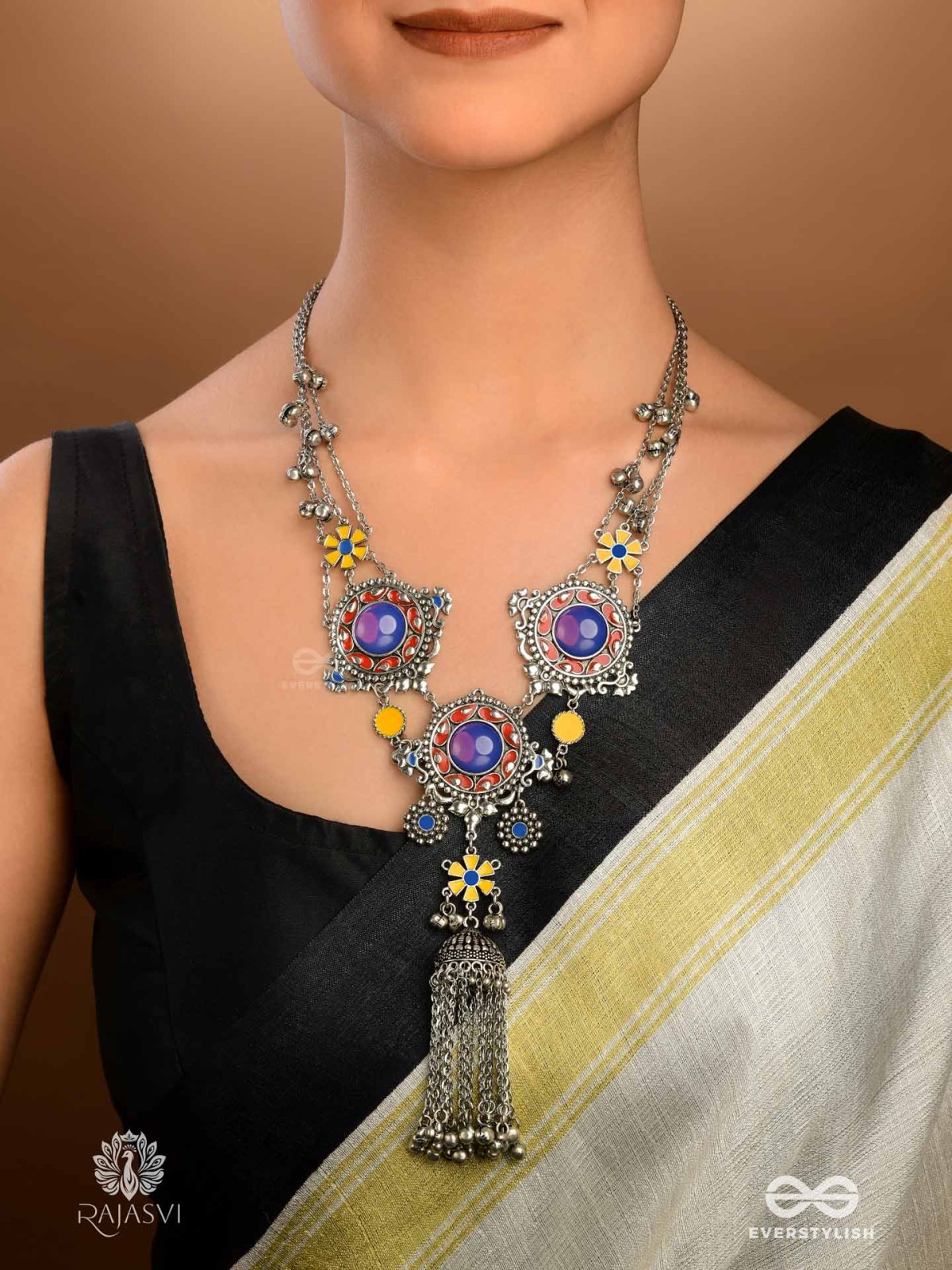 KATHAKRITI - CASCADING SILVER TASSELS NECKPIECE

