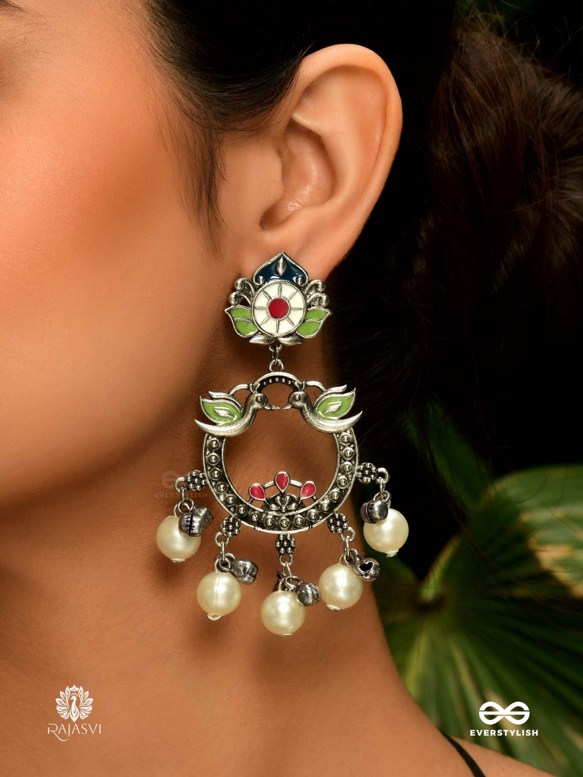 BIRDS OF BLISS – OXIDISED CHANDBALI WITH FLORAL & PEARL ACCENTS