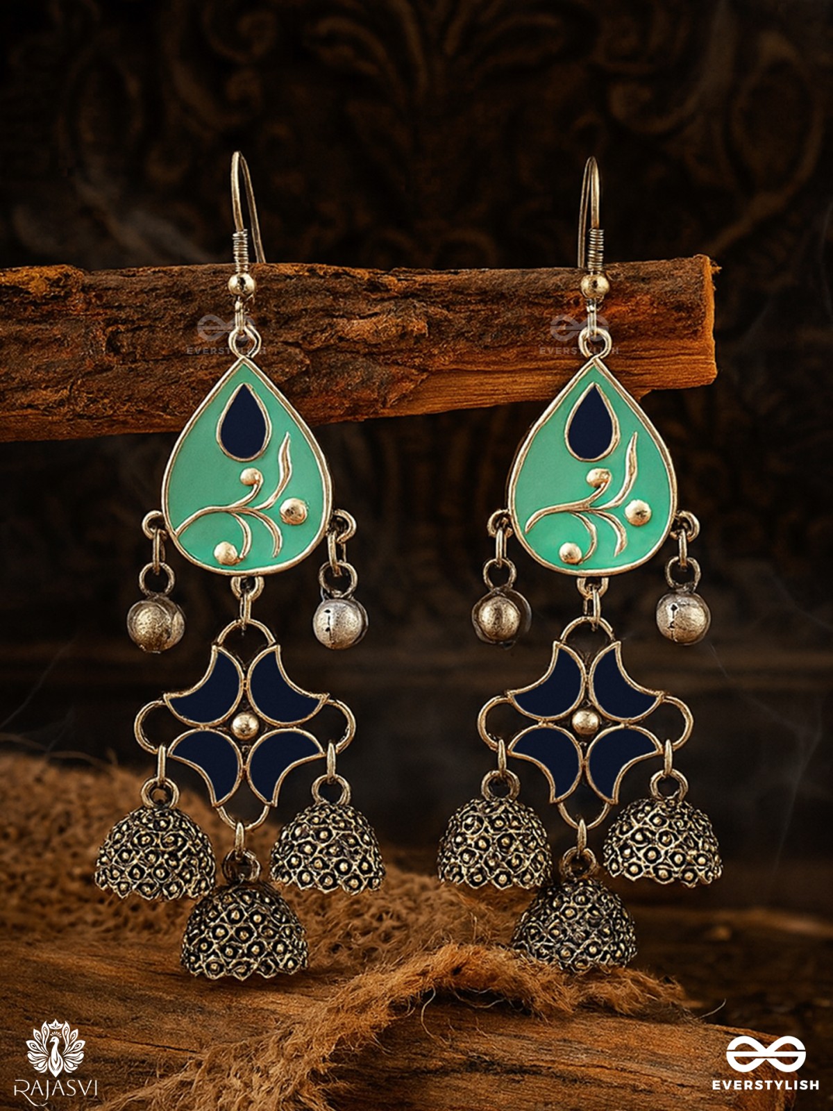 BLUE BLOOM – TEARDROP ENAMELLED OXIDISED EARRING 