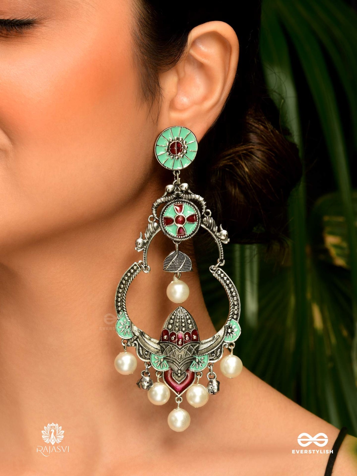 NOORANI BELLS – OXIDISED CHANDBALI WITH PEARL CHARMS
