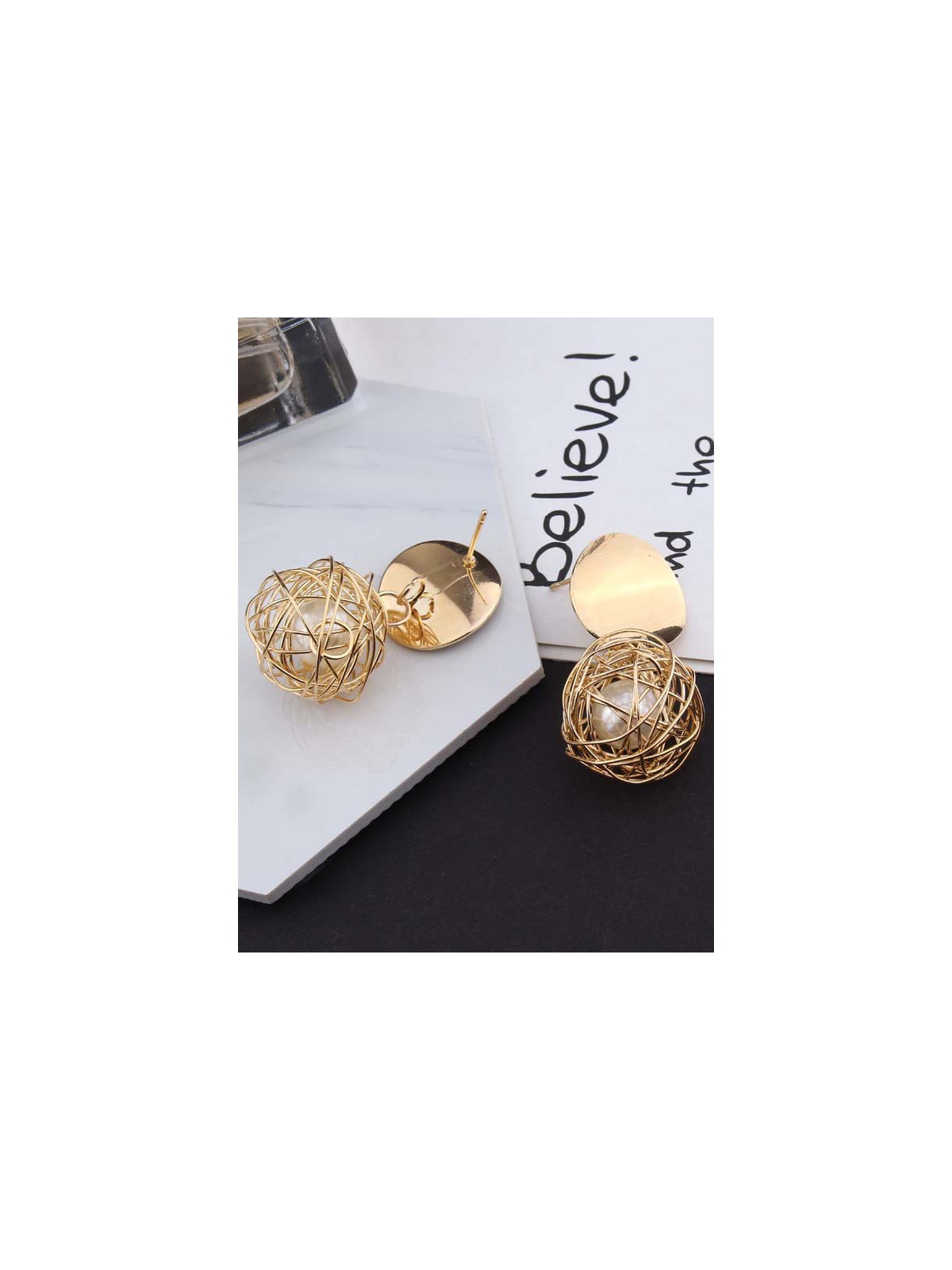 Mirror reflection- pearl in a cage of gold earrings