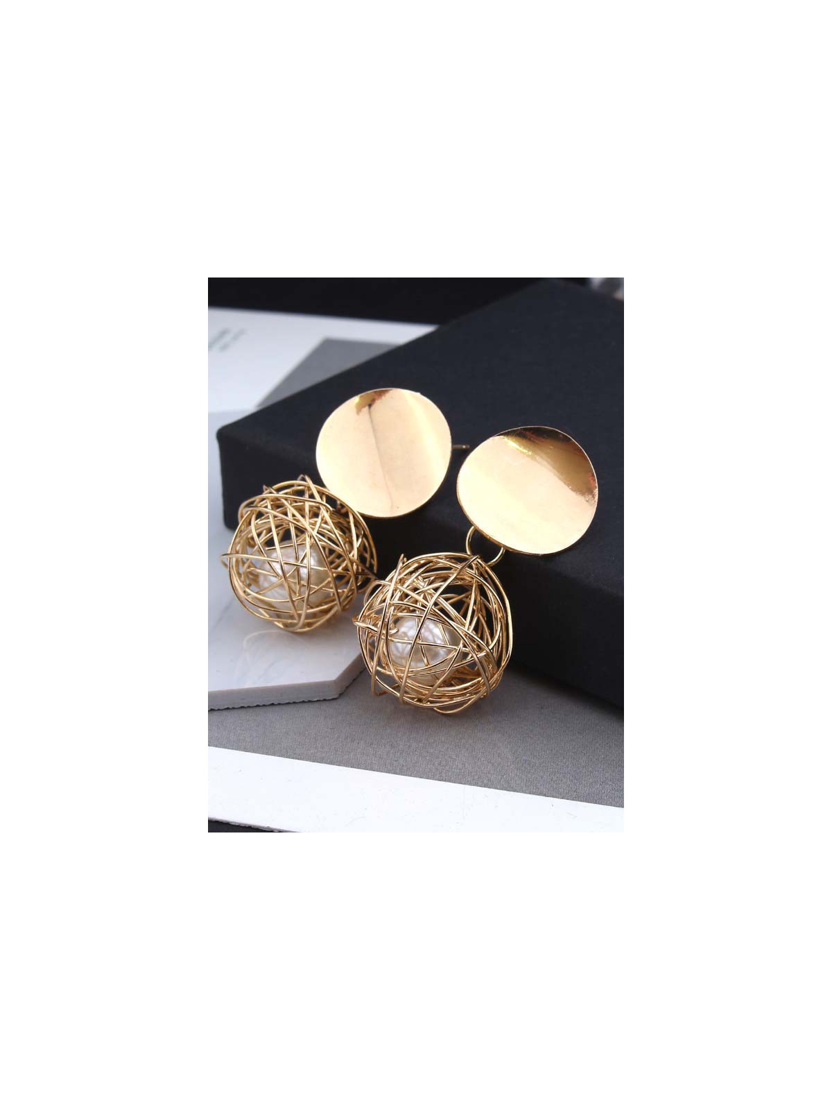 Mirror reflection- pearl in a cage of gold earrings
