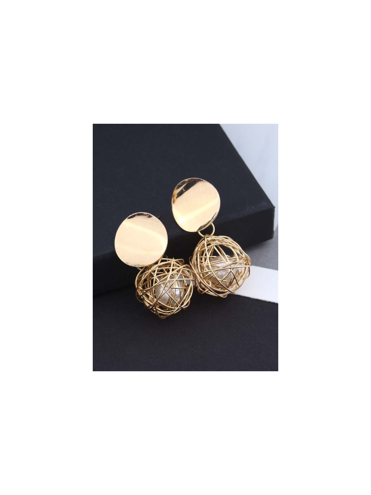 Mirror reflection- pearl in a cage of gold earrings