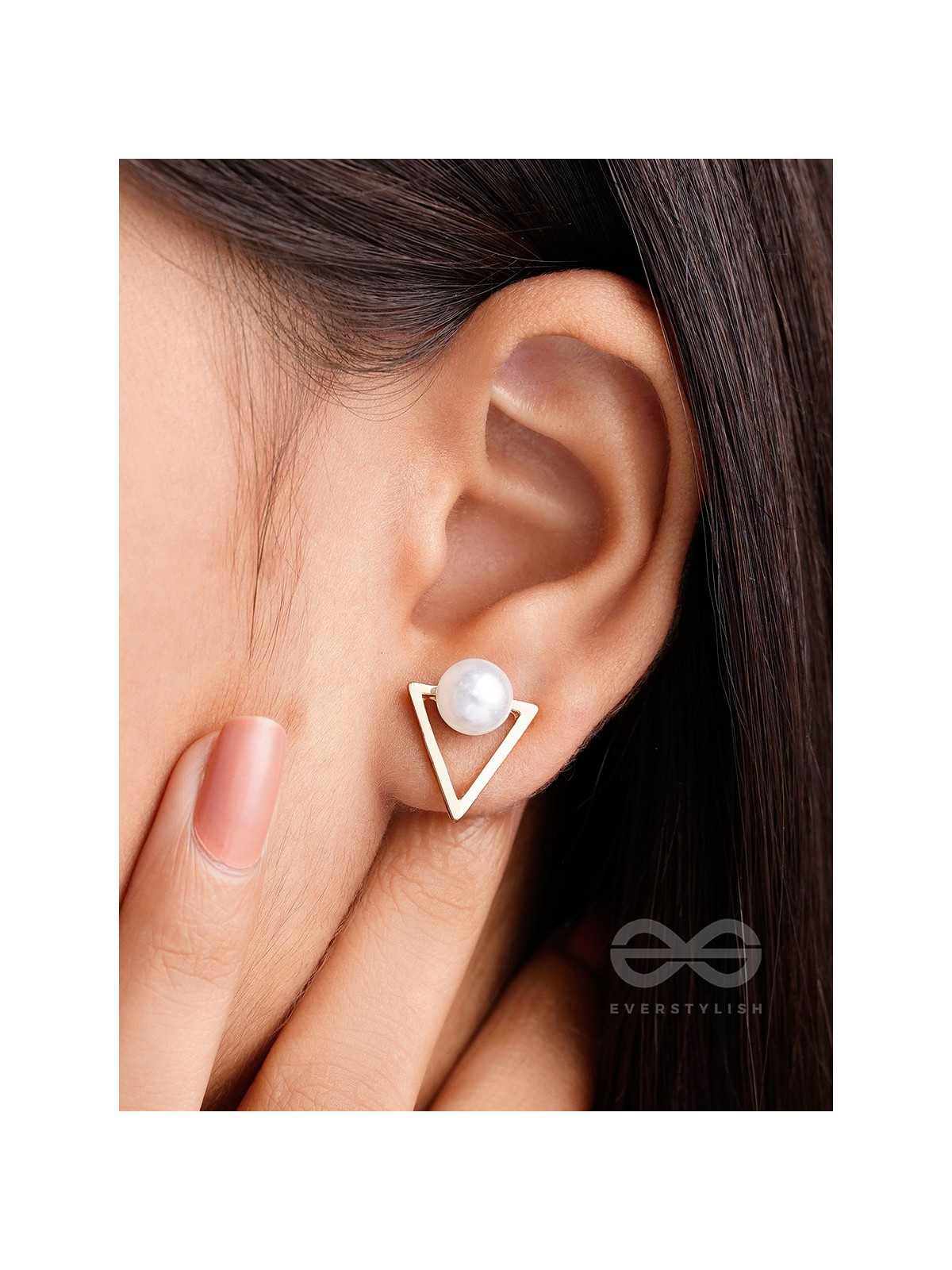 Gorgeous pearl embedded in golden triangle earrings