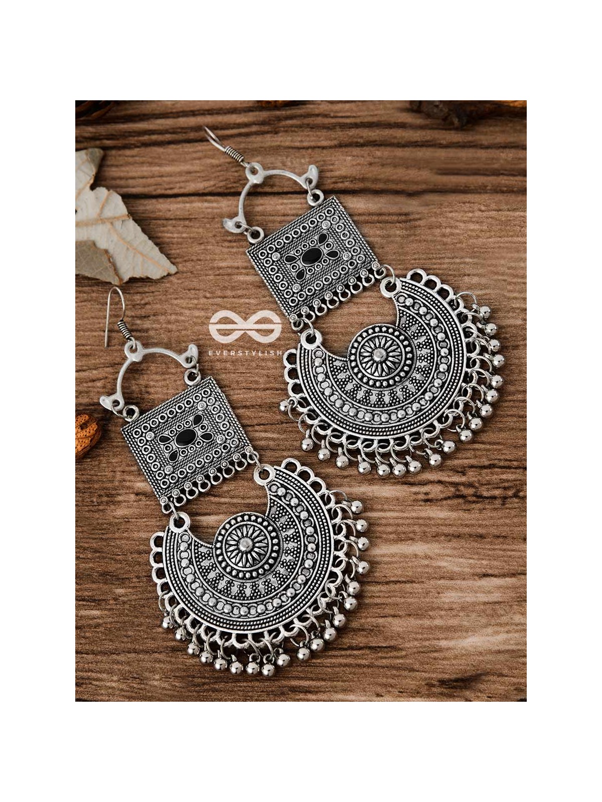 The Multilayered Embellished Trunk Danglers (Black) - Oxidised Boho Earrings