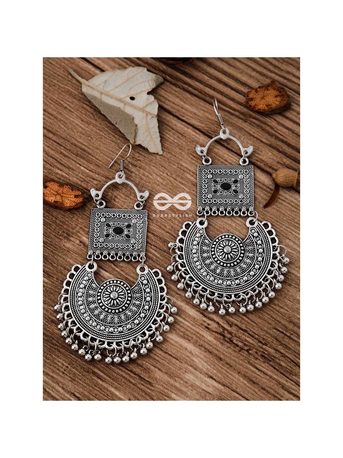 The Multilayered Embellished Trunk Danglers (Black) - Oxidised Boho Earrings