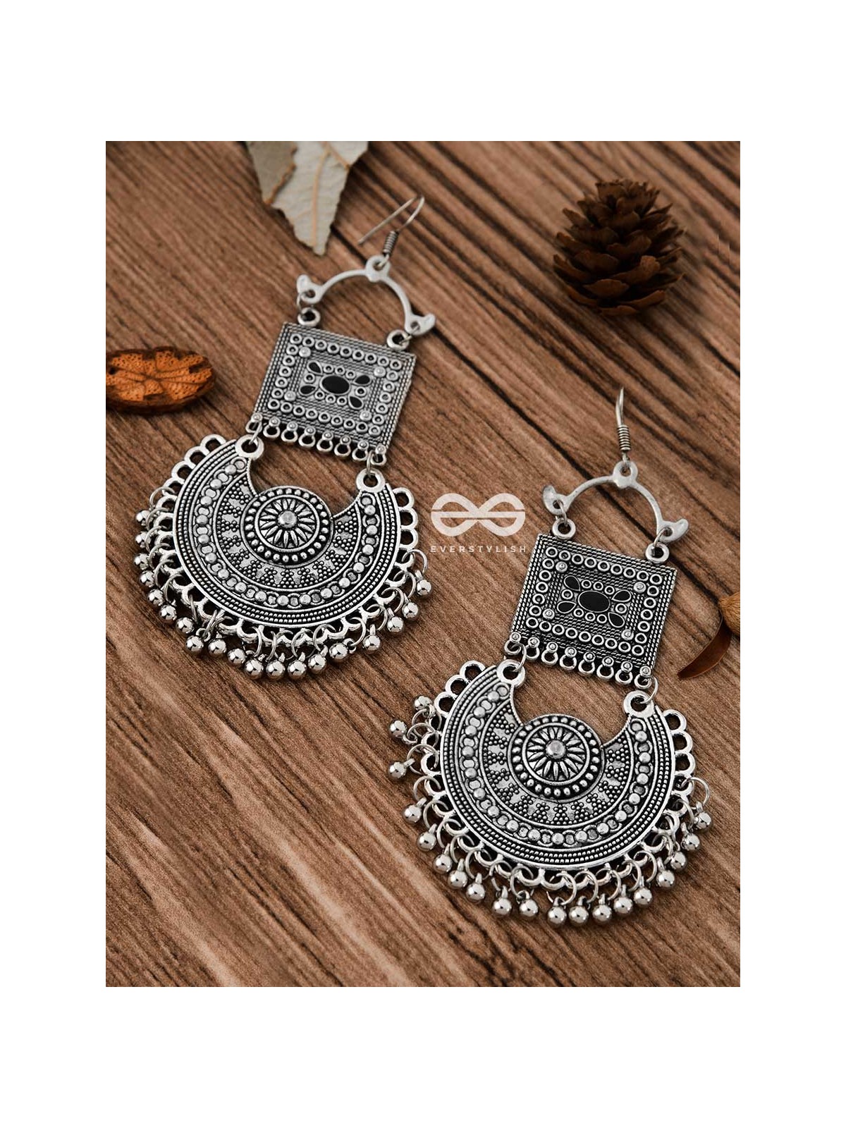 The Multilayered Embellished Trunk Danglers (Black) - Oxidised Boho Earrings