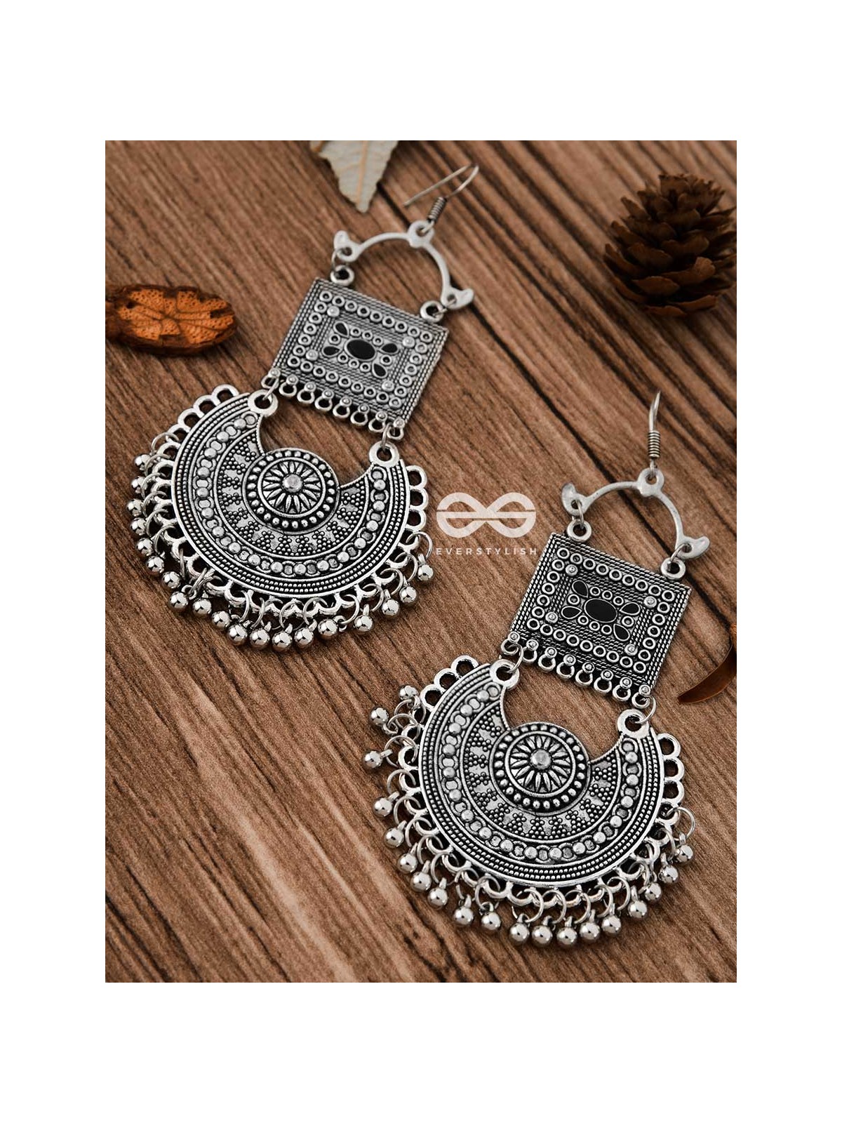 The Multilayered Embellished Trunk Danglers (Black) - Oxidised Boho Earrings
