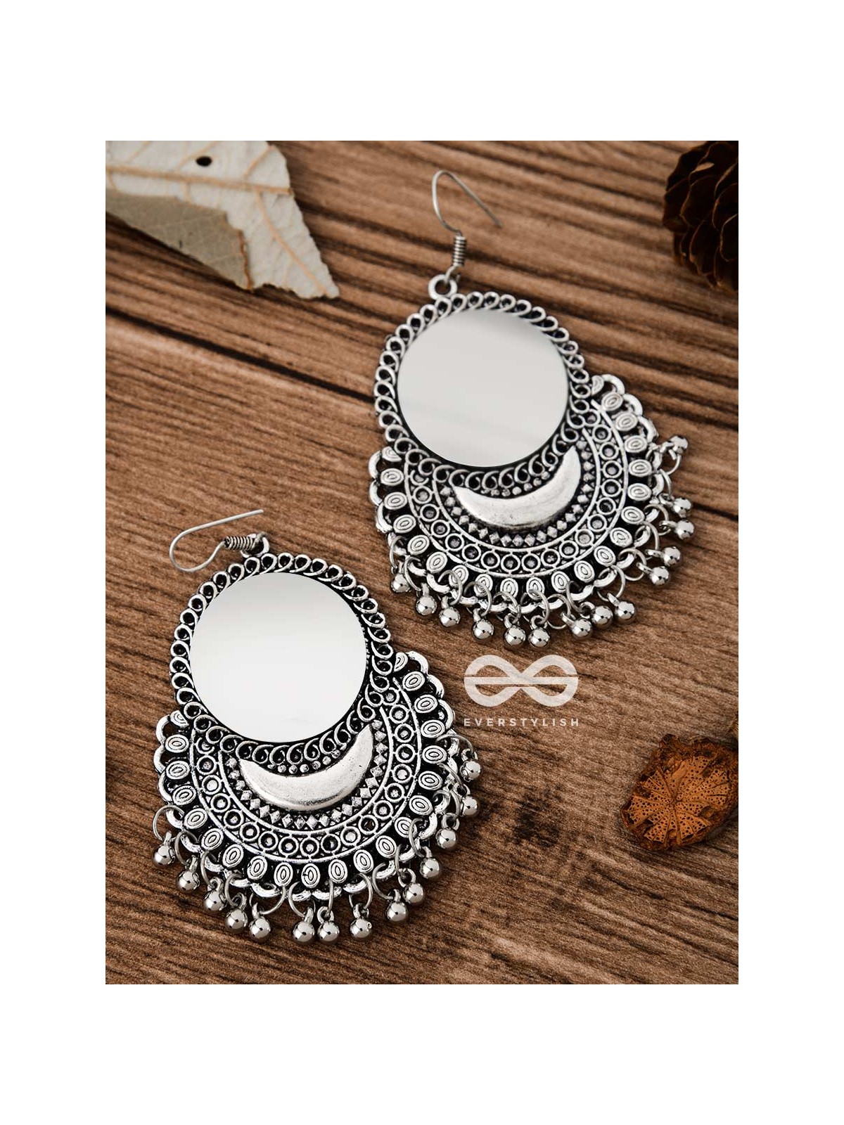The Mirror Motif Moons - Oxidised Boho Earrings