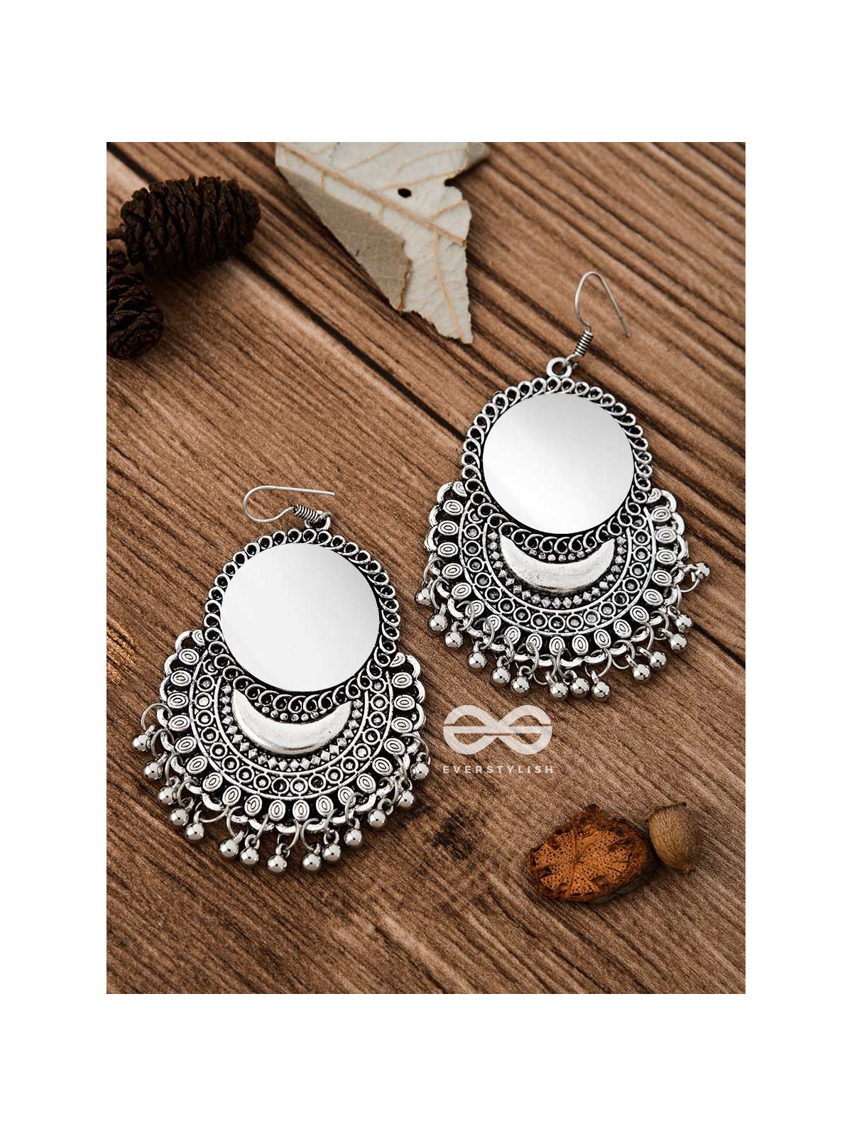 The Mirror Motif Moons - Oxidised Boho Earrings
