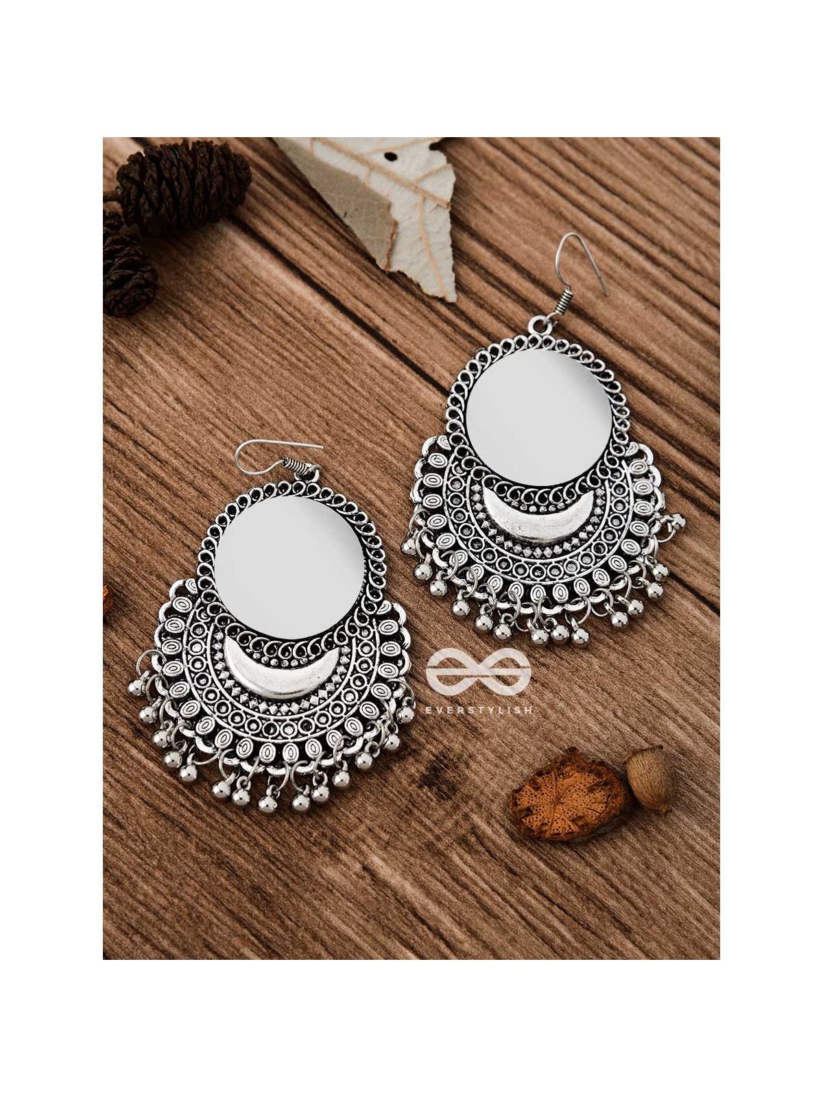 The Mirror Motif Moons - Oxidised Boho Earrings
