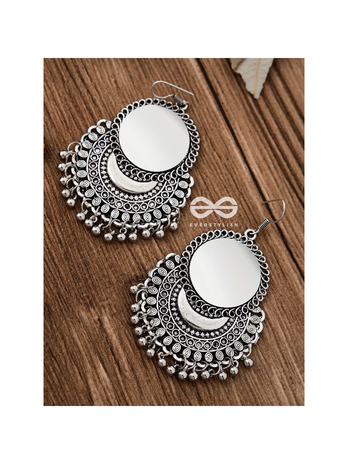 The Mirror Motif Moons - Oxidised Boho Earrings