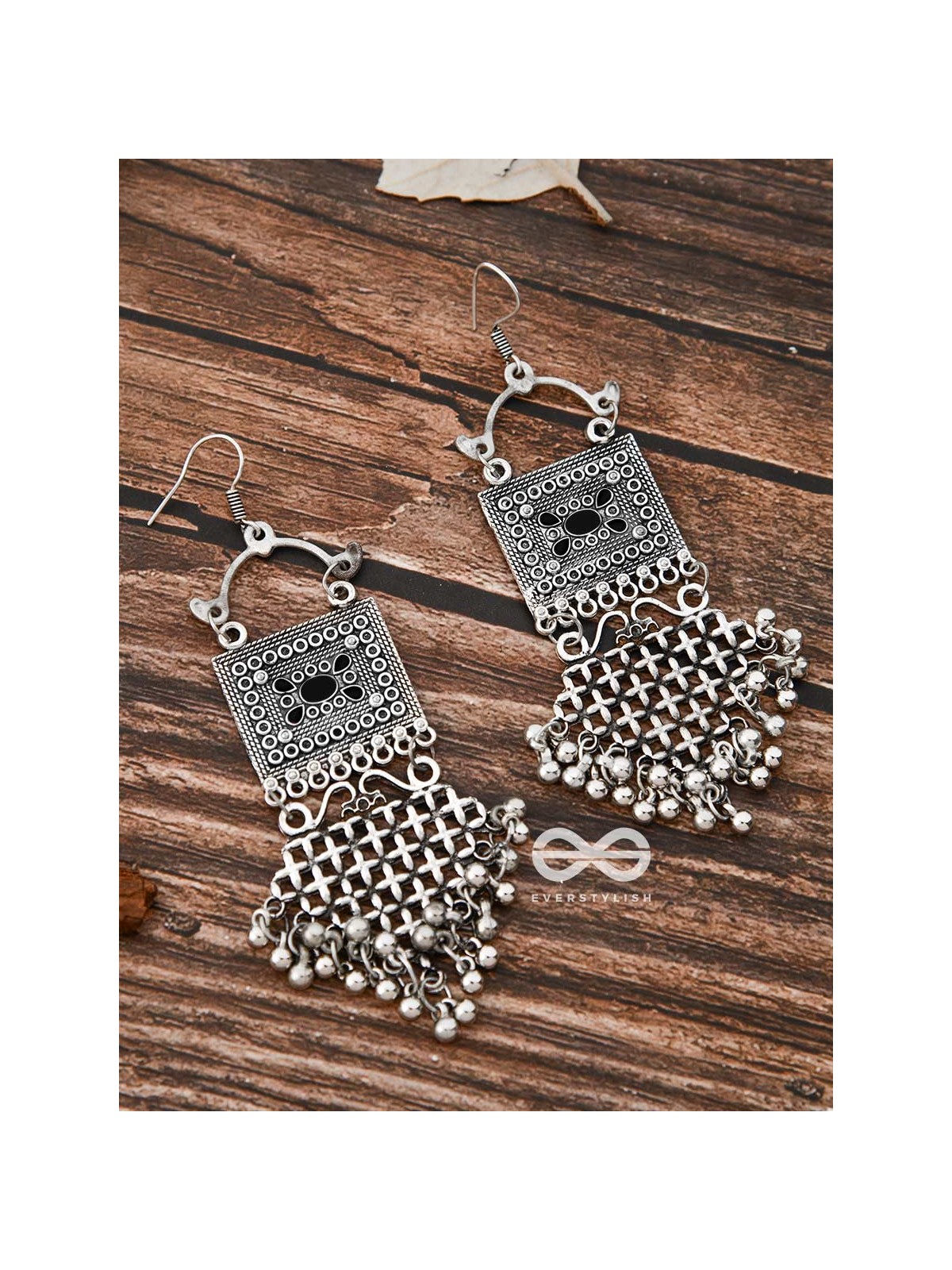 The Embellished Trunk Criss Cross Danglers (Black) - Oxidised Boho Earrings