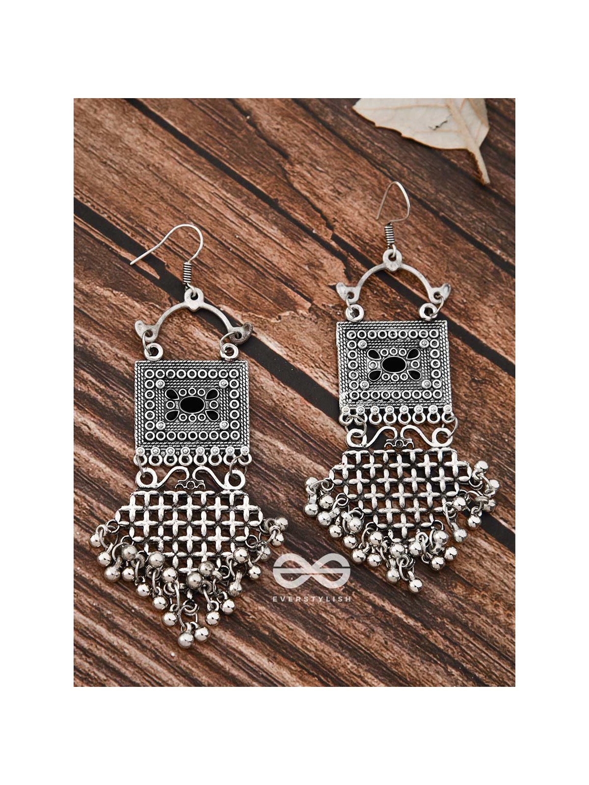 The Embellished Trunk Criss Cross Danglers (Black) - Oxidised Boho Earrings