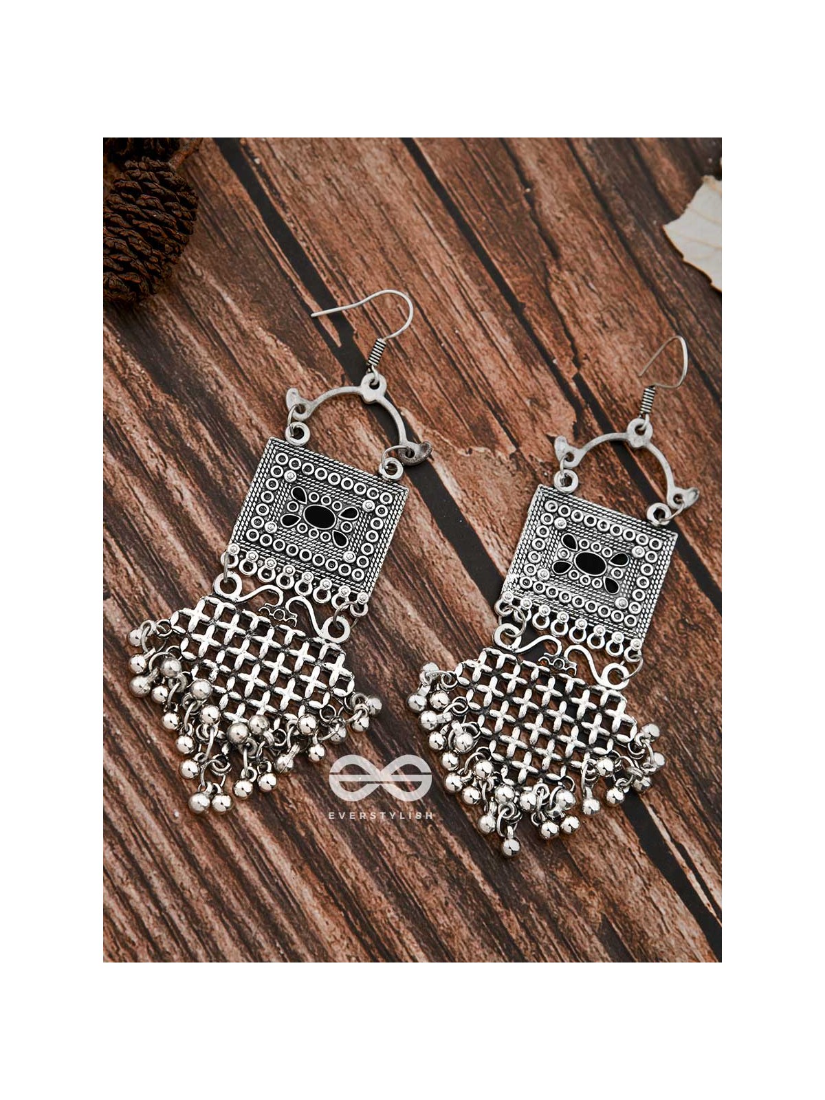 The Embellished Trunk Criss Cross Danglers (Black) - Oxidised Boho Earrings
