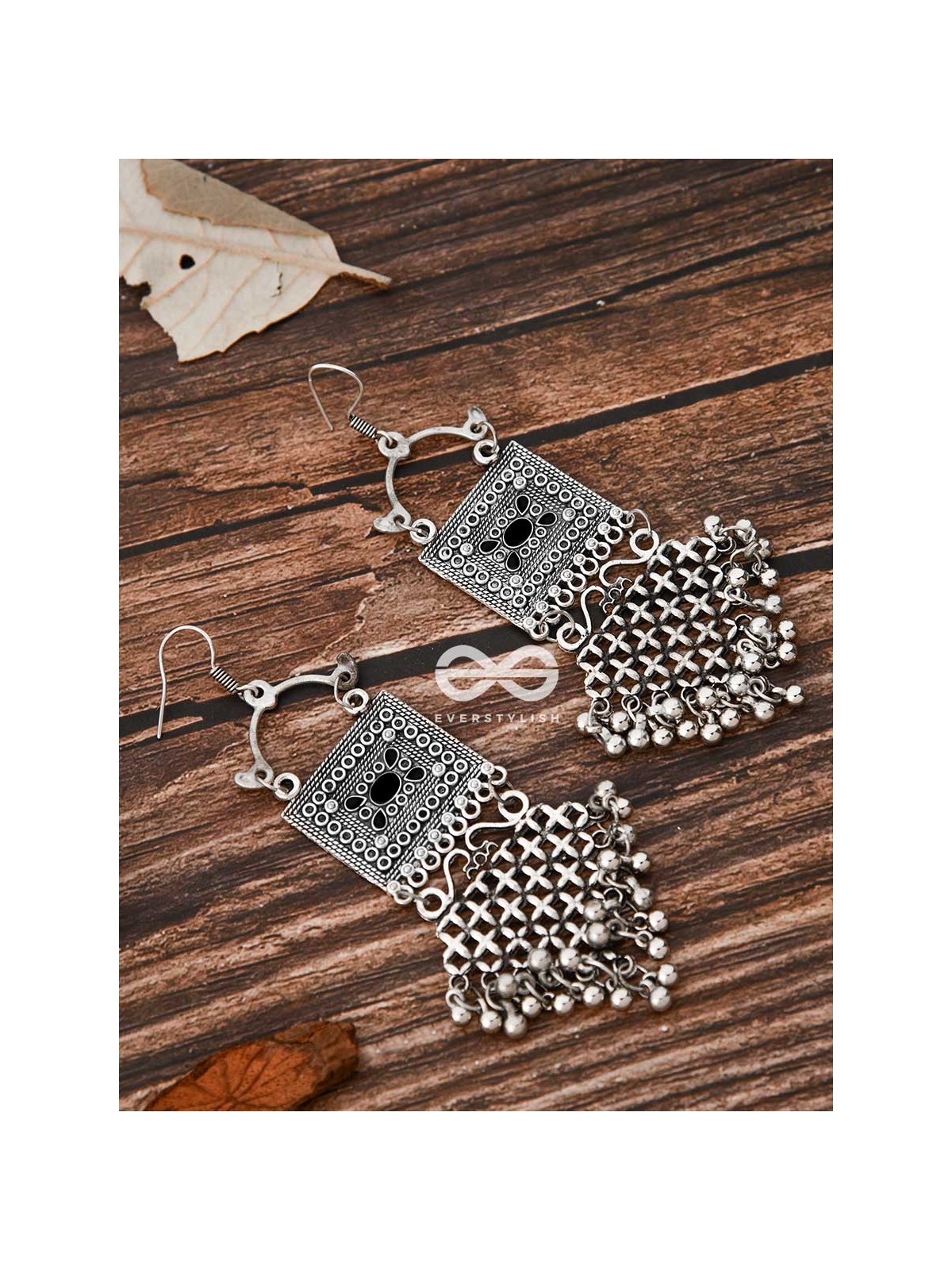 The Embellished Trunk Criss Cross Danglers (Black) - Oxidised Boho Earrings