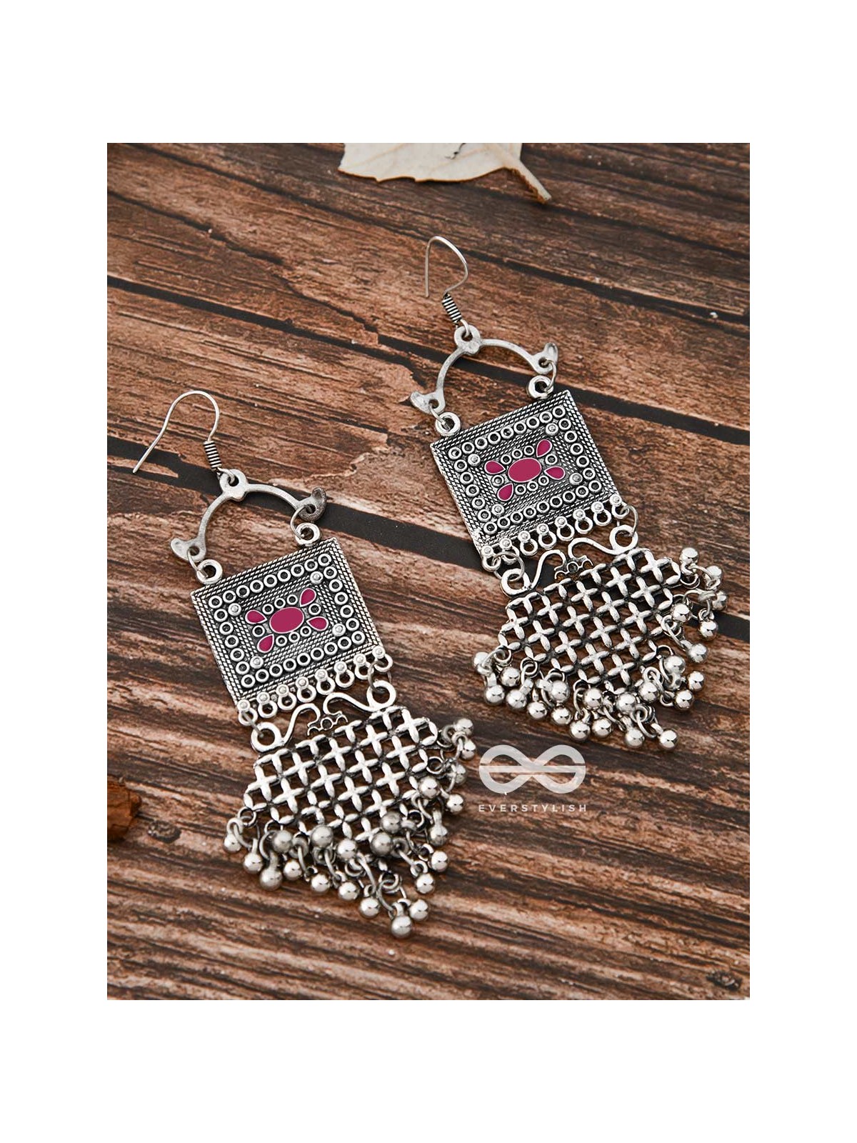 The Embellished Trunk Criss Cross Danglers (Pink) - Oxidised Boho Earrings