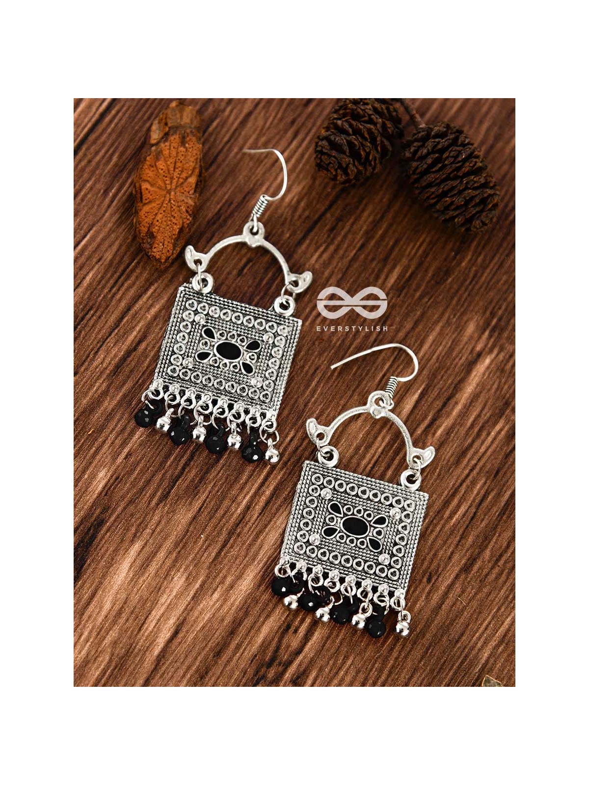 The Embellished Trunk - Oxidised Boho Earrings (Silver-Black)