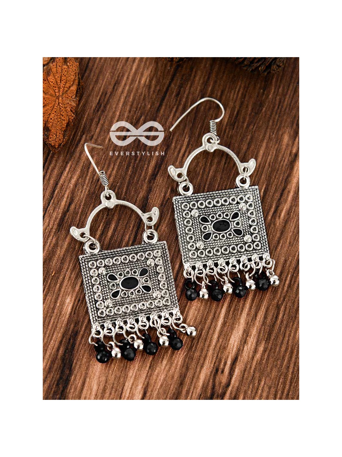 The Embellished Trunk - Oxidised Boho Earrings (Silver-Black)