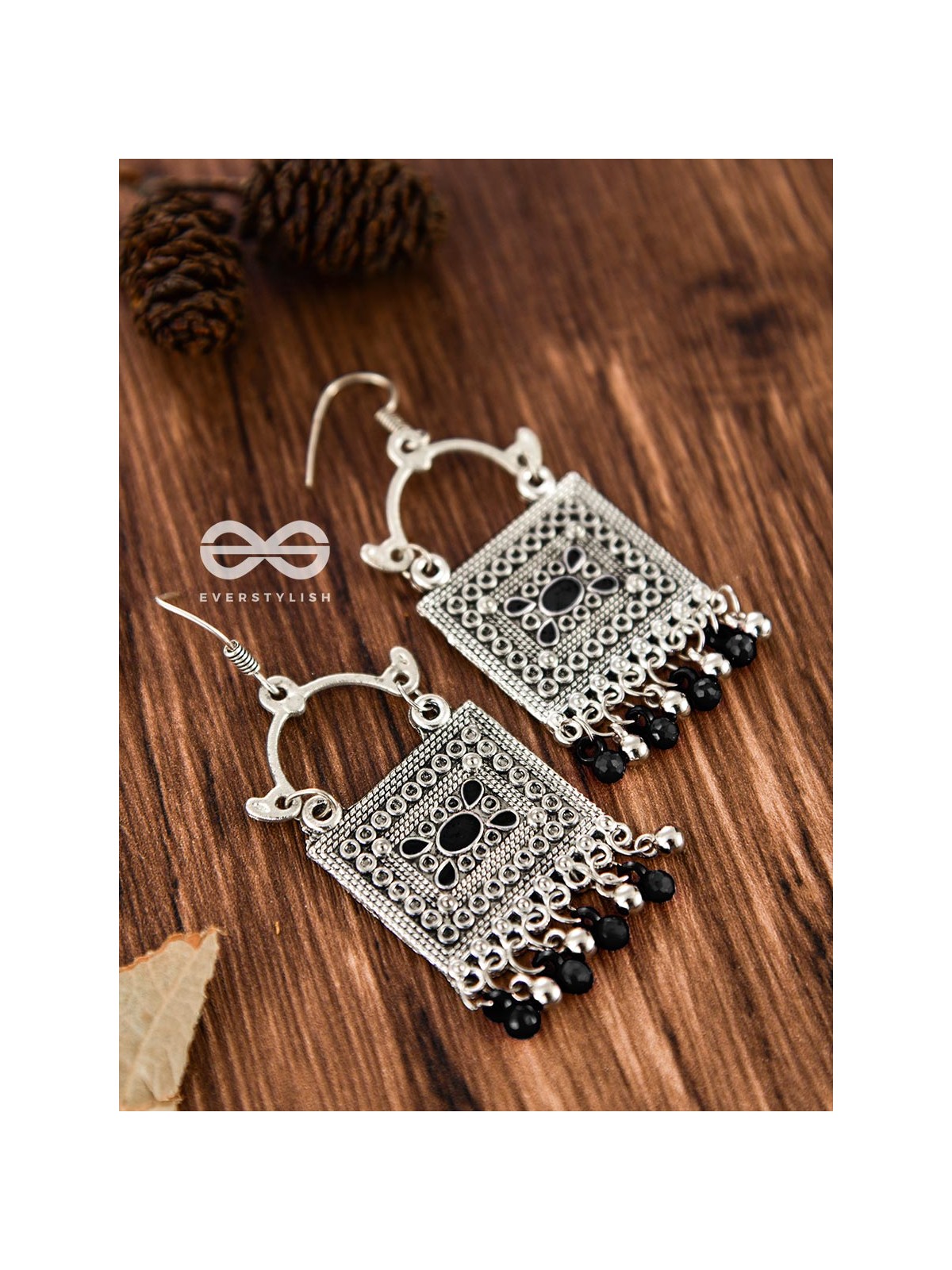 The Embellished Trunk - Oxidised Boho Earrings (Silver-Black)