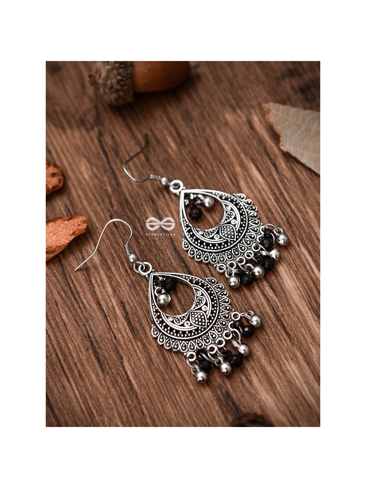 The Dangling Droplets (Silver-Black) - Oxidised Boho Earrings