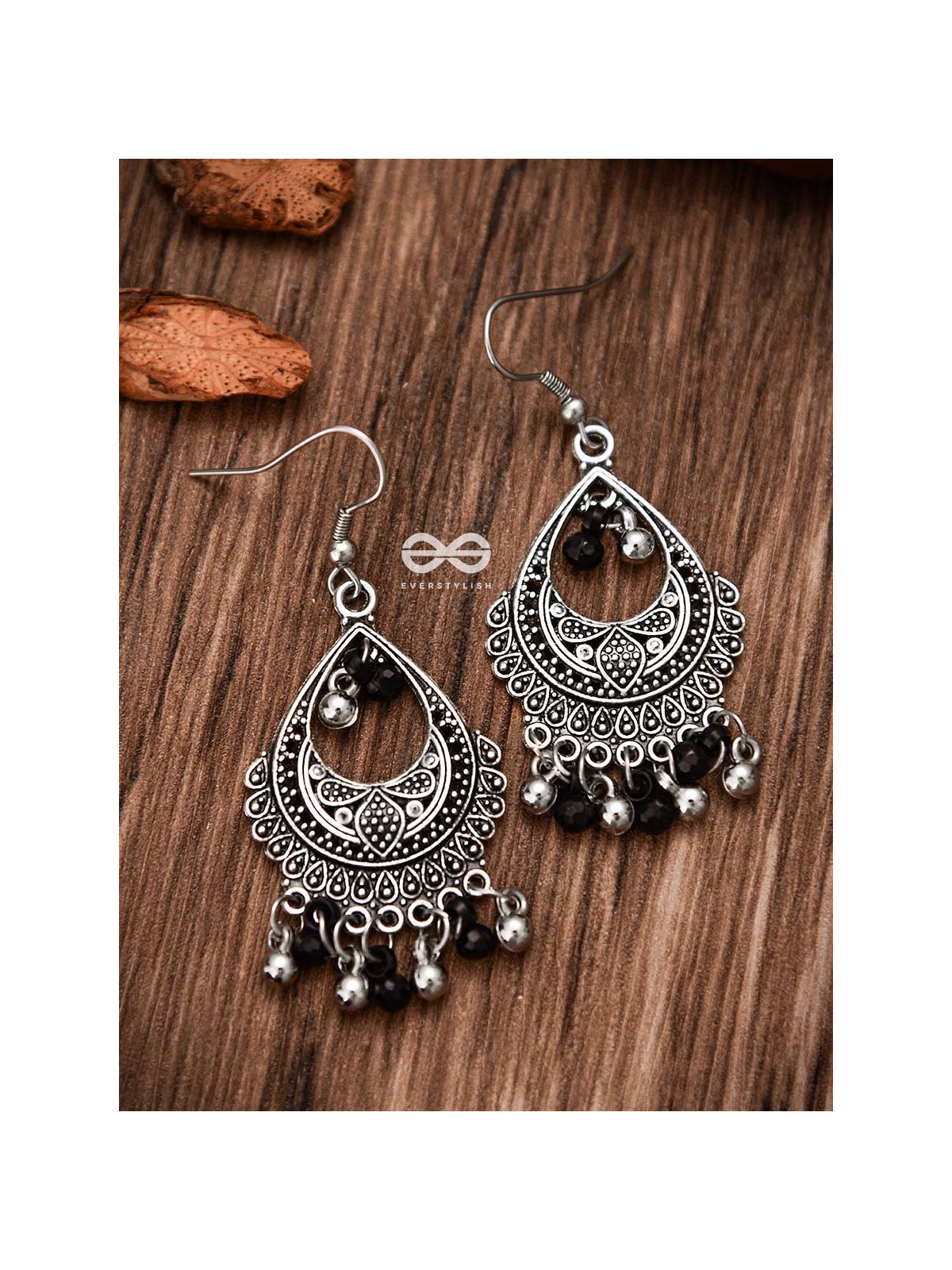 The Dangling Droplets (Silver-Black) - Oxidised Boho Earrings