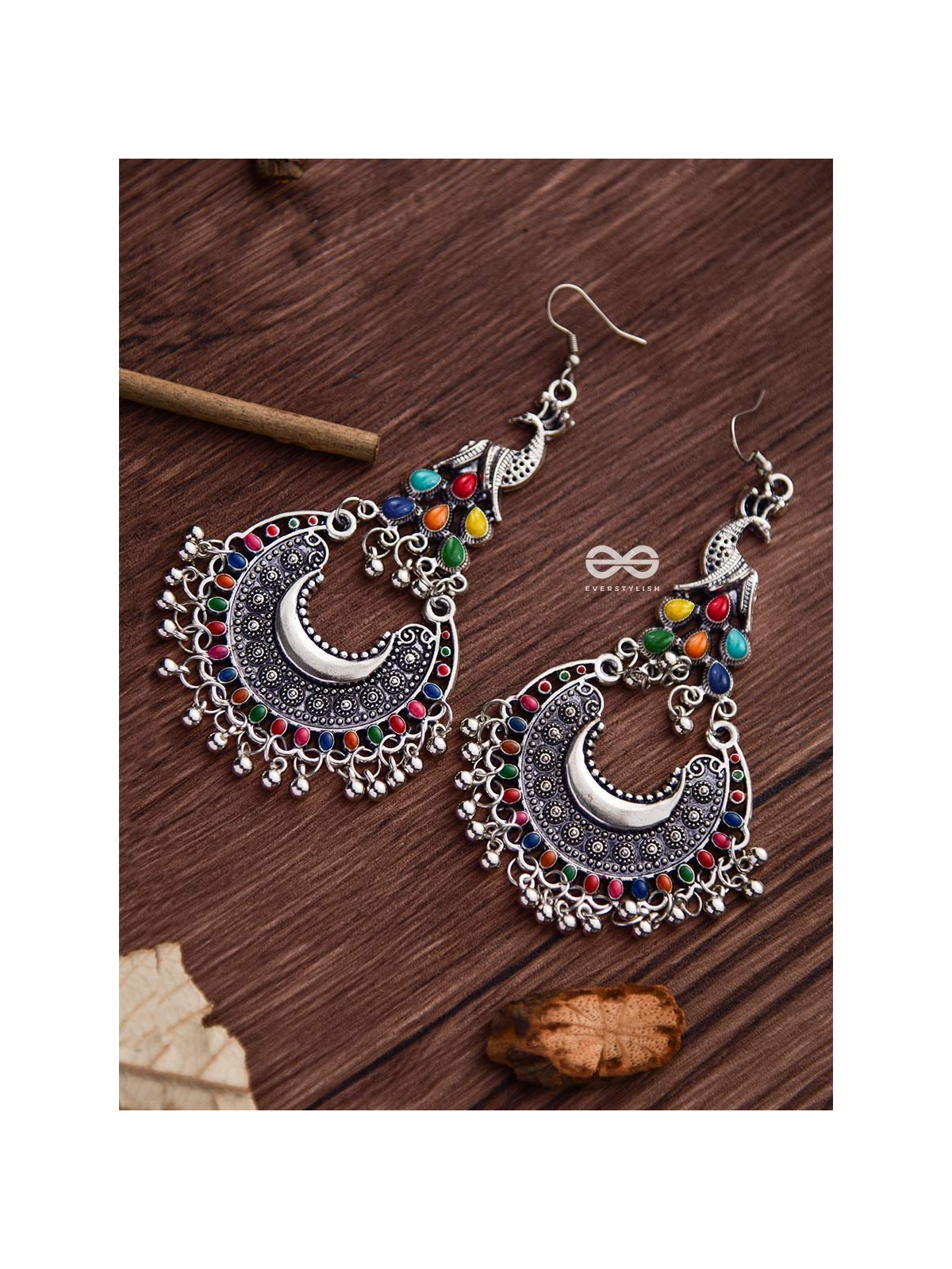 The Fanning Enamelled Peacocks - Oxidised Boho Earrings