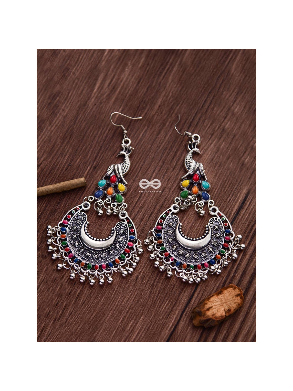 The Fanning Enamelled Peacocks - Oxidised Boho Earrings