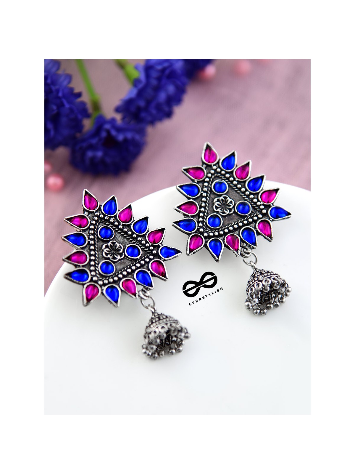 The Ethnic Wonders (Pink Blue) - Embellished Oxidised Earrings