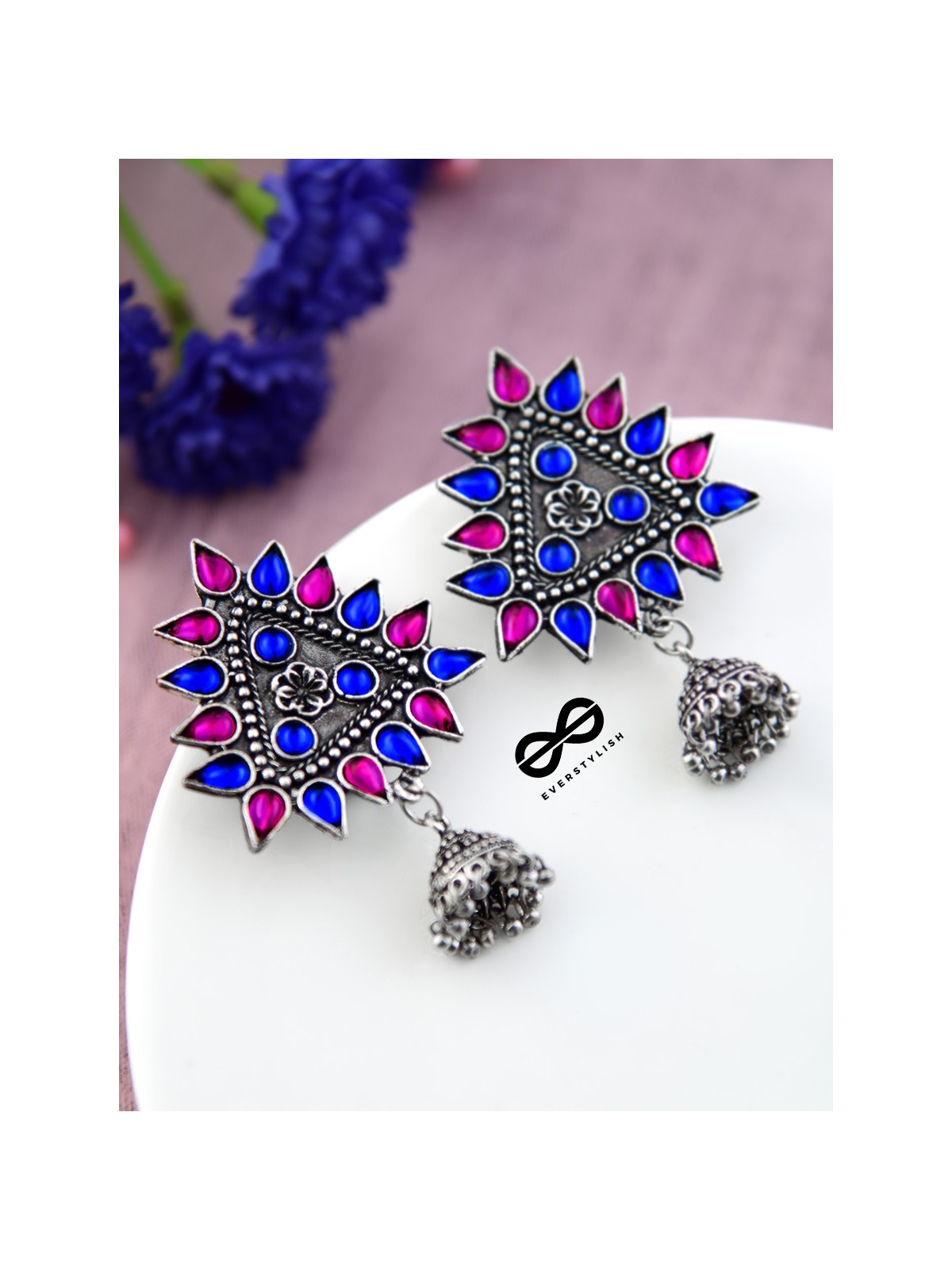 The Ethnic Wonders (Pink Blue) - Embellished Oxidised Earrings
