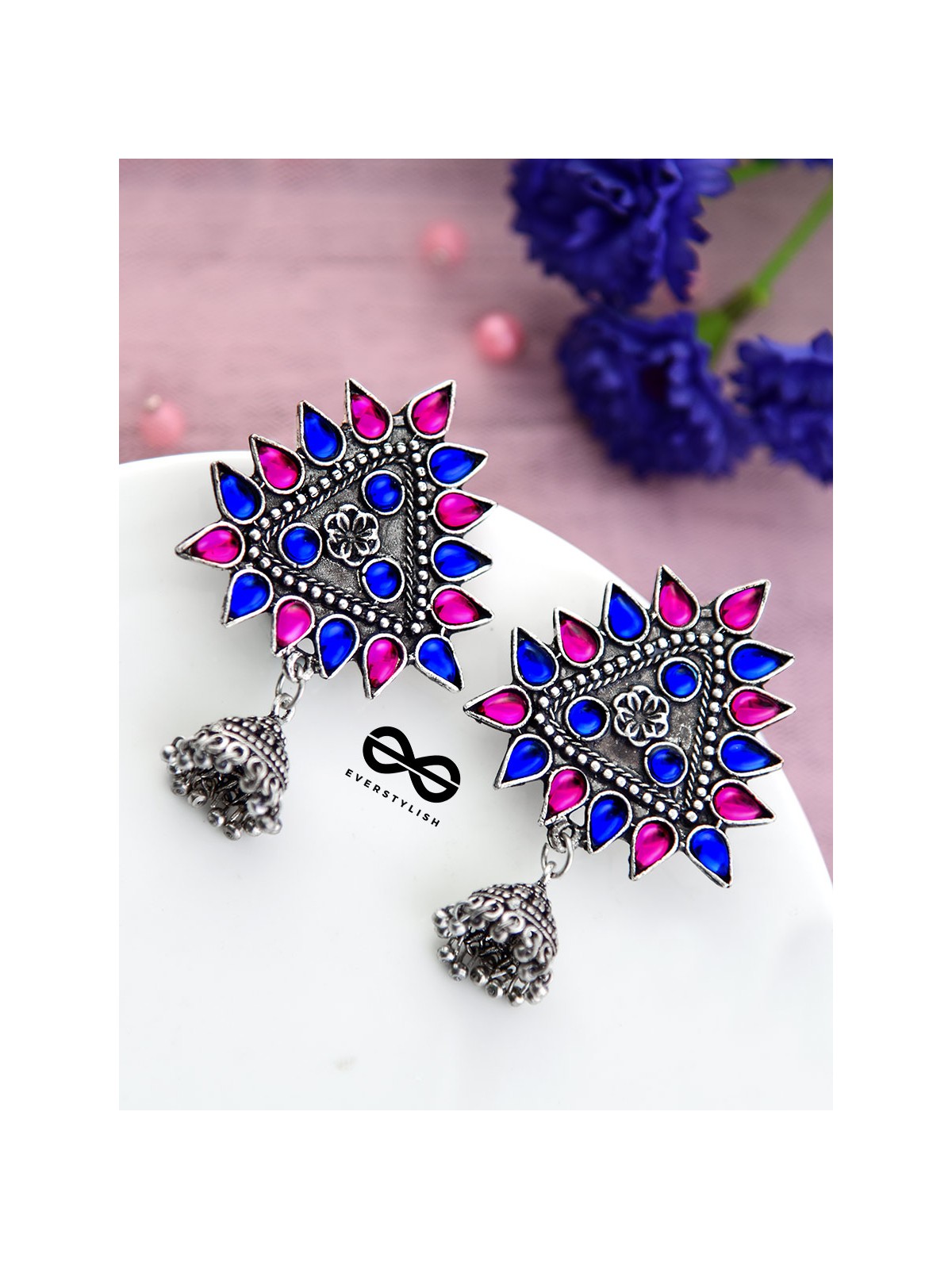 The Ethnic Wonders (Pink Blue) - Embellished Oxidised Earrings