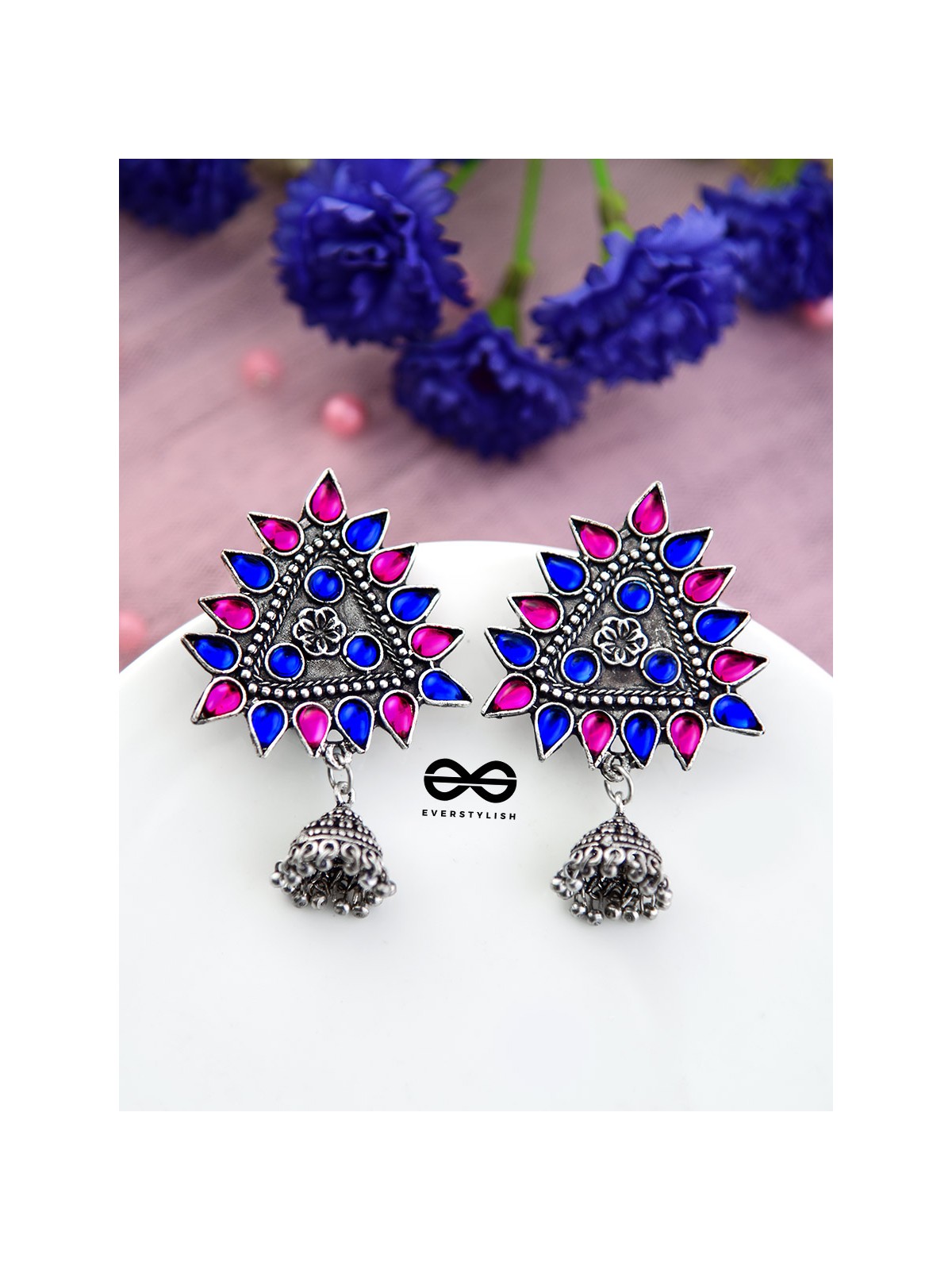 The Ethnic Wonders (Pink Blue) - Embellished Oxidised Earrings