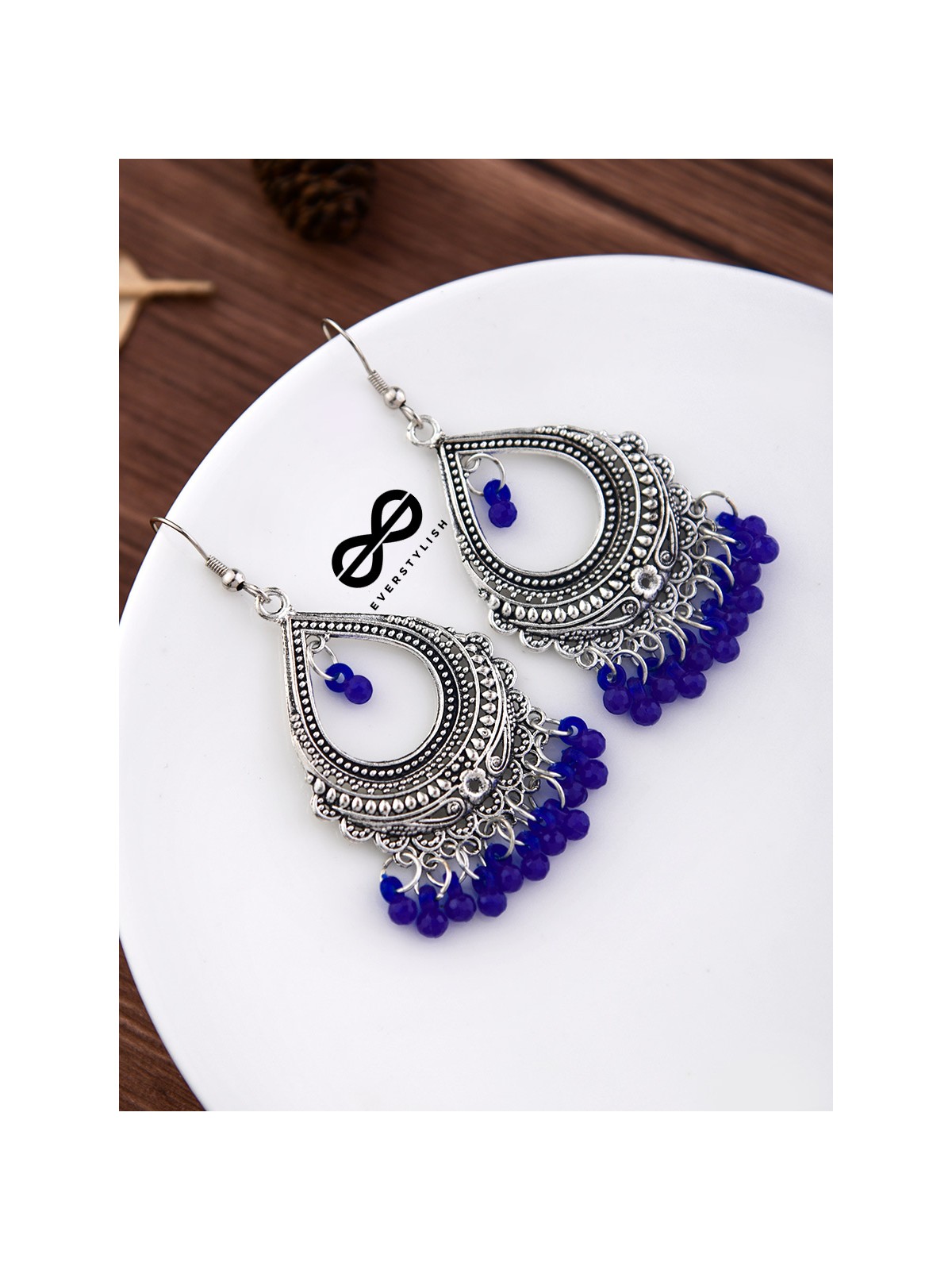The Intricate Motif Drops (Royal Blue) - Oxidised Boho Earrings