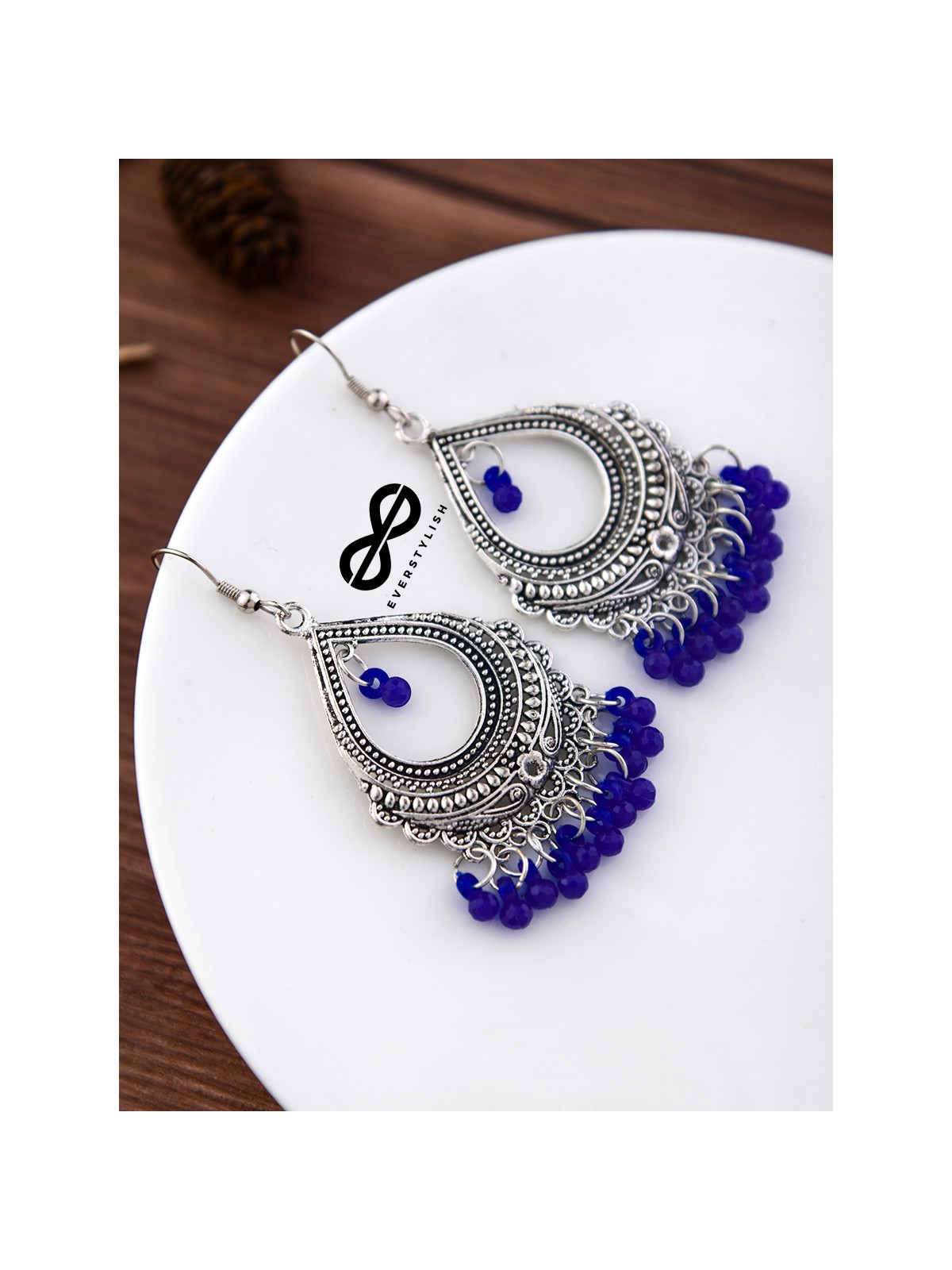 The Intricate Motif Drops (Royal Blue) - Oxidised Boho Earrings
