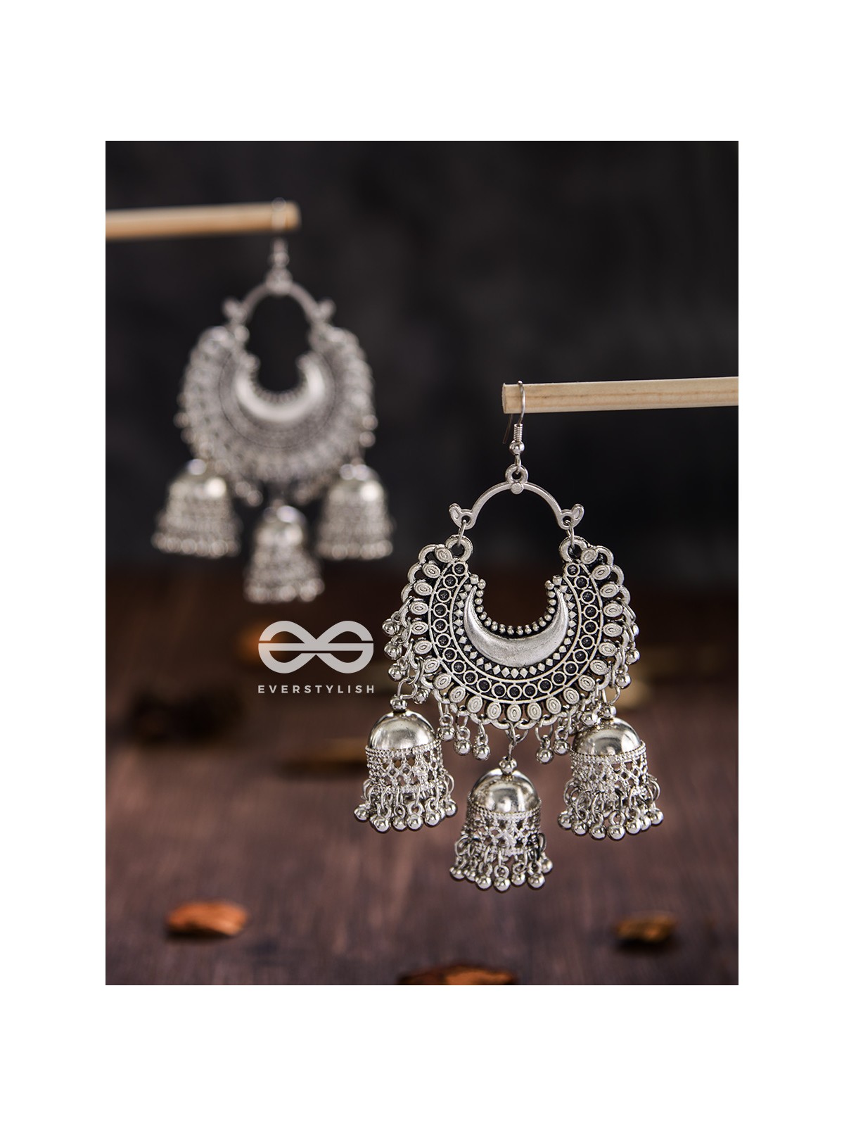 The Motif Moon Triple Jhumkas - Oxidised Boho Earrings