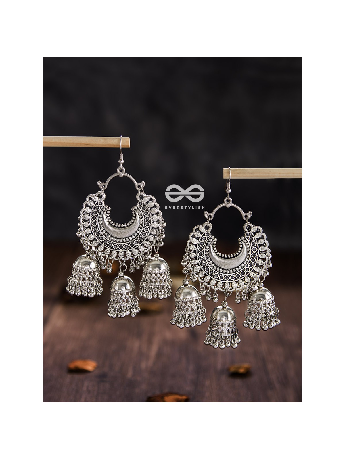 The Motif Moon Triple Jhumkas - Oxidised Boho Earrings