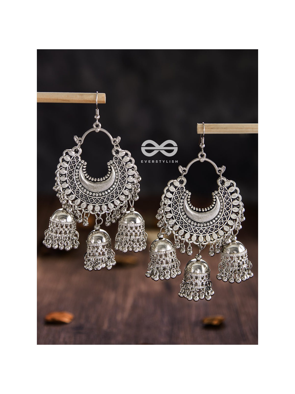 The Motif Moon Triple Jhumkas - Oxidised Boho Earrings