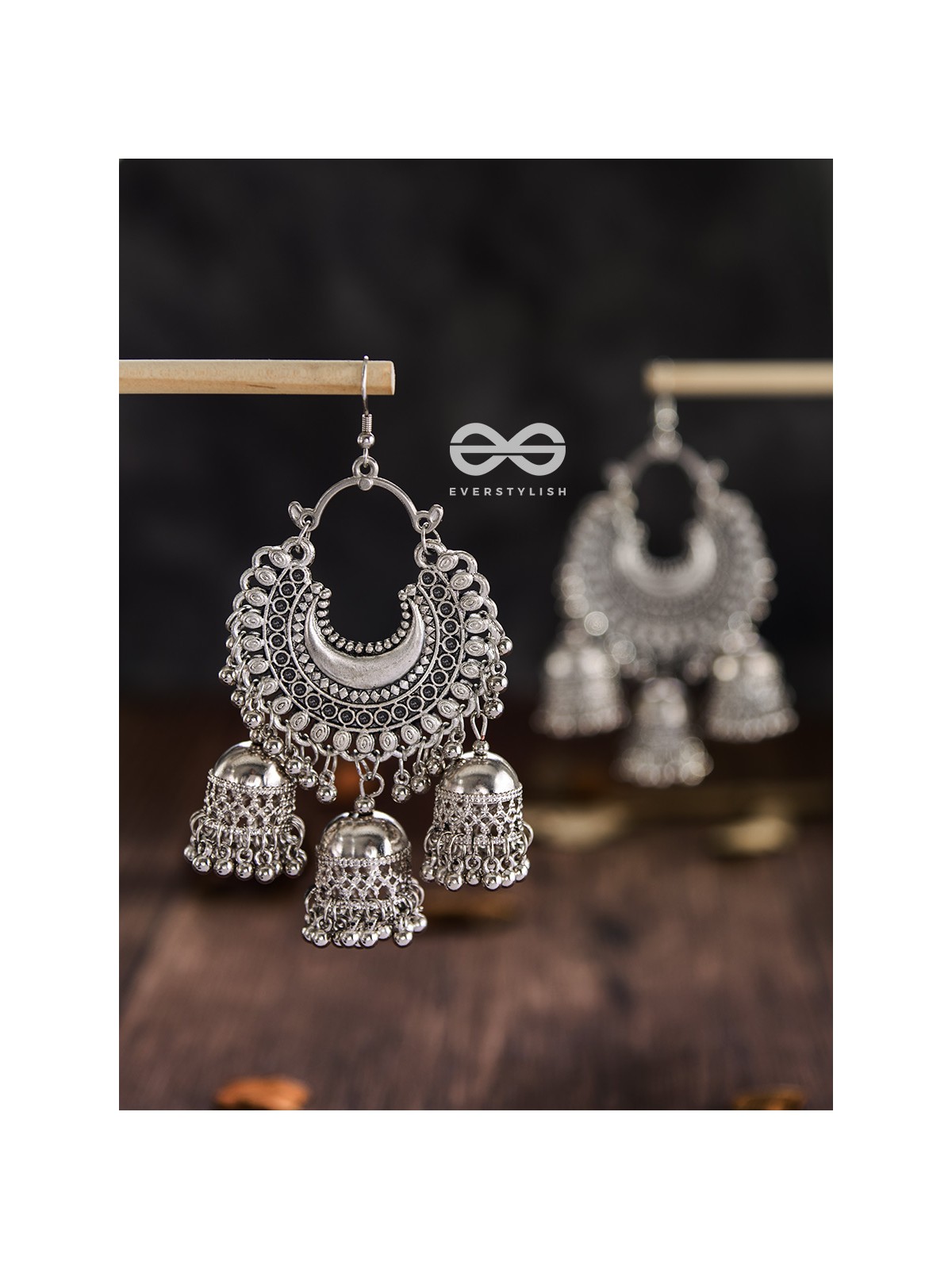 The Motif Moon Triple Jhumkas - Oxidised Boho Earrings