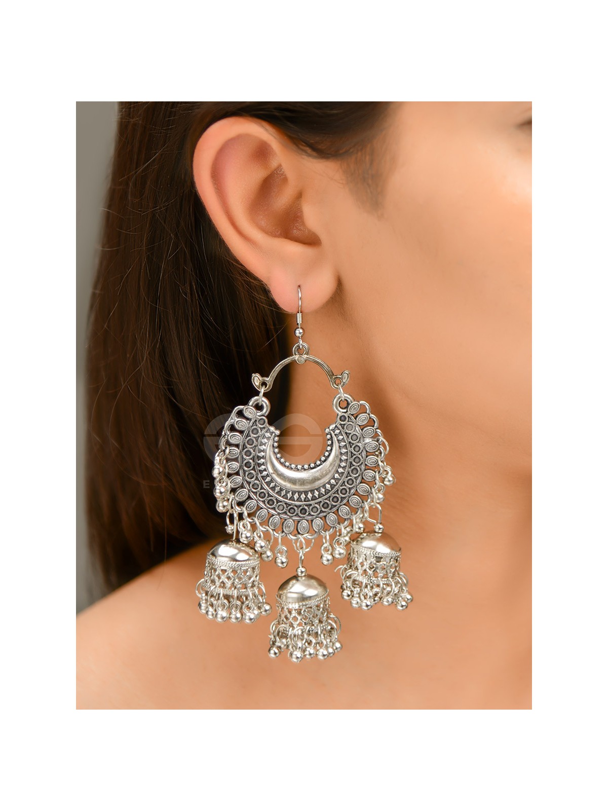 The Motif Moon Triple Jhumkas - Oxidised Boho Earrings