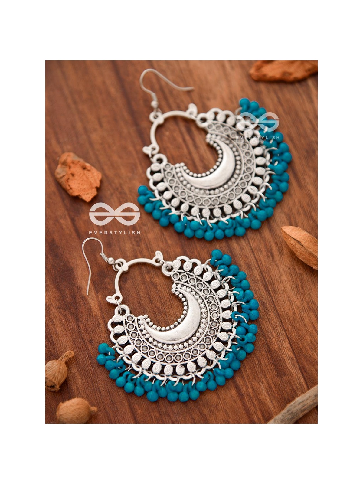 The Motif Moon Chandbali Earrings (Teal Blue) - The Boho Basics