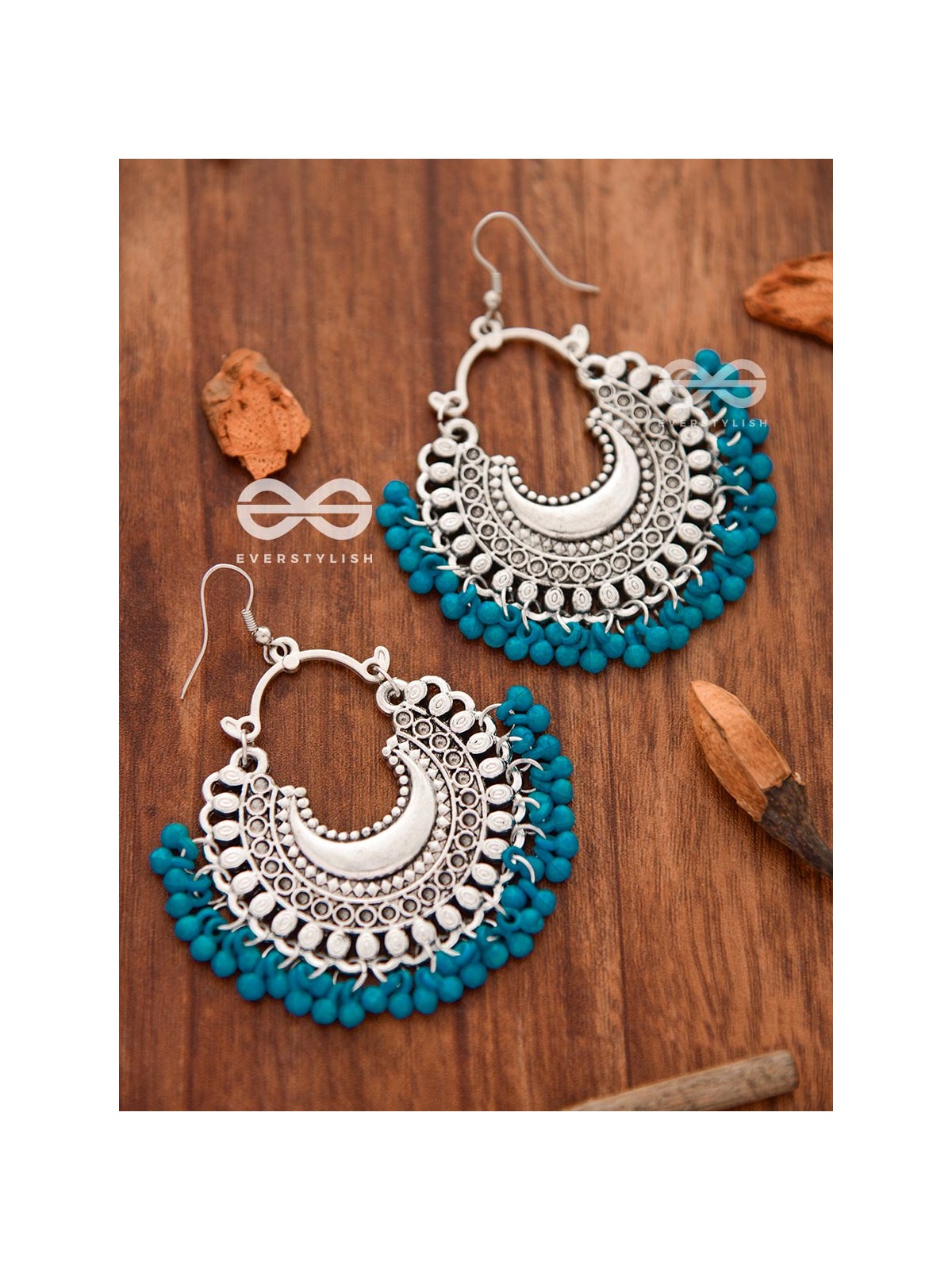 The Motif Moon Chandbali Earrings (Teal Blue) - The Boho Basics